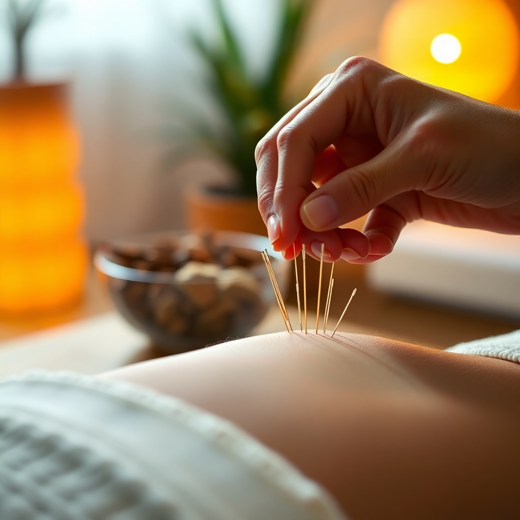A photorealistic close-up shot of hands gently placing acupuncture needles into a patient’s skin. The setting is clean, modern, and calming.  A partially visible bowl of carefully arranged herbs is in the soft-focus background, and ambient, warm lighting enhances the serene atmosphere. Focus on the precision and care of the acupuncture procedure.