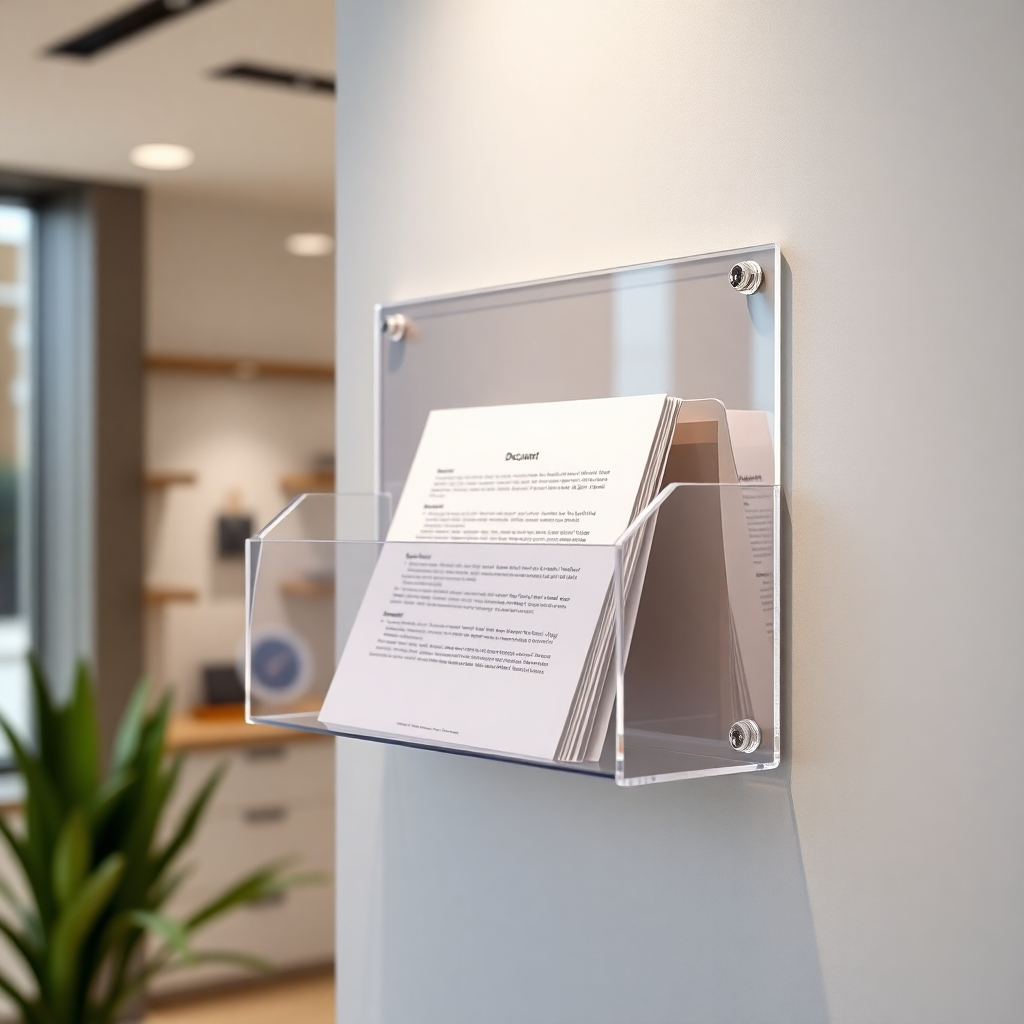 A photorealistic close-up shot of a wall-mounted acrylic document holder, showing its transparent design and the documents neatly organized inside. The background should be a modern office or home setting.  Focus on showcasing the clarity and modern aesthetic of the acrylic.  High-resolution, sharp focus, professional lighting.