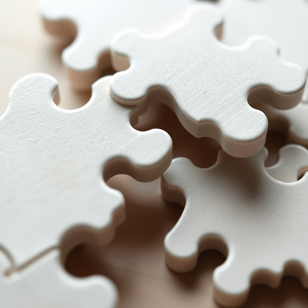 A photorealistic close-up shot of several jigsaw puzzle pieces interlocked together.  The pieces should be thick and high quality, with clean and precise cuts. The image should highlight the smooth fit of the pieces and the precision of the cutting process. The focus should be on the quality and durability of the puzzle pieces. A slight shadowing or depth of field could add realism and highlight the texture of the pieces. The background should be simple, neutral and not distracting.