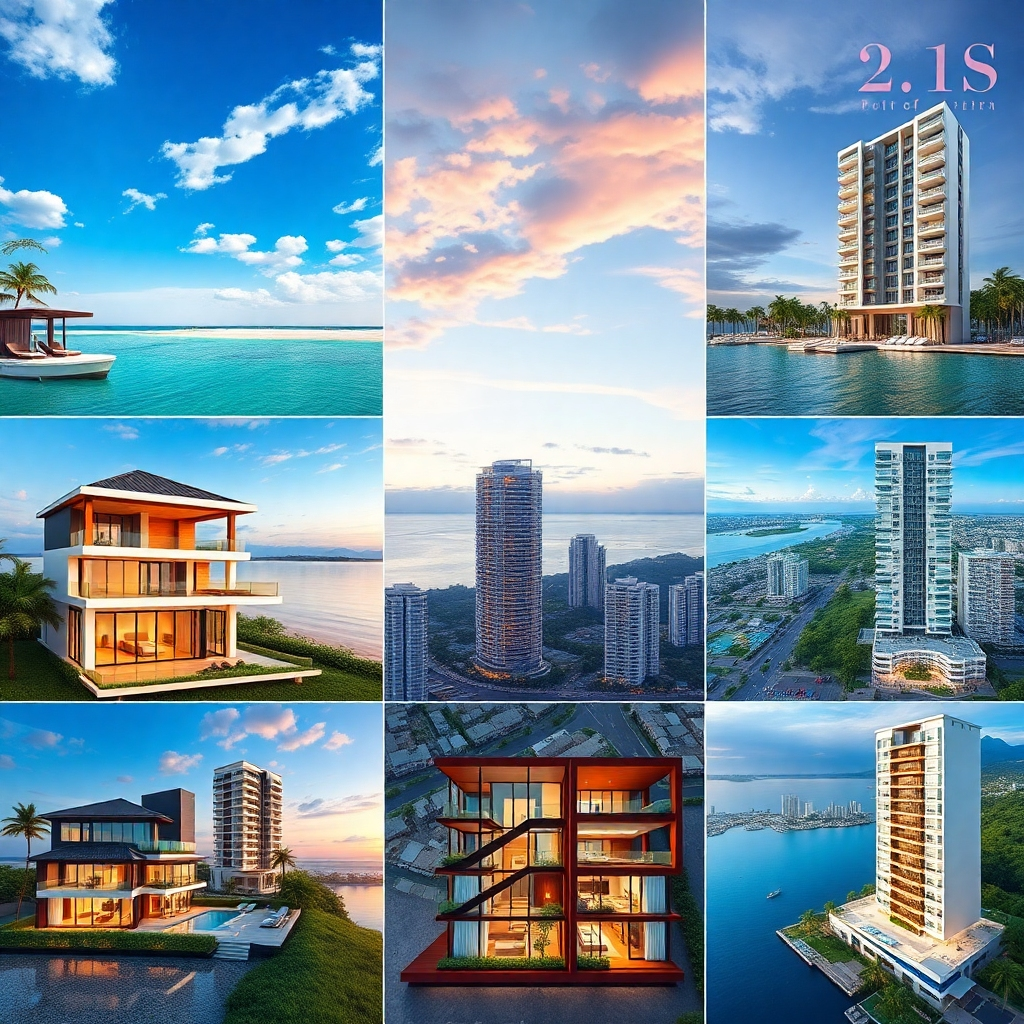 A photorealistic collage showcasing a range of properties available in Pattaya, from luxurious beachfront villas and modern high-rise condominiums to more modest apartments, creating a visually appealing representation of investment diversity. Include images showing the variety of architecture, sizes, and settings. Emphasize the quality of the buildings and the attractive views.  The overall mood should convey abundant choices and investment opportunities.