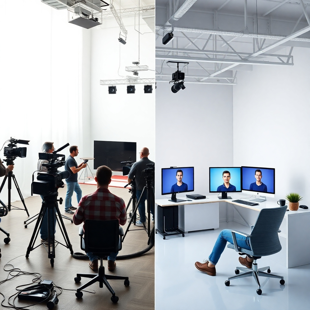 A photorealistic comparison image split into two halves. One half shows a traditional video production set with a large crew, expensive equipment, and actors. The other half shows a clean, minimalist workspace with a single person using a computer to manage and modify an avatar presenter delivering the same message. The image should clearly communicate the cost and time savings associated with using avatar presenters over traditional methods. Focus should be on conveying efficiency and reduced expenditure.
