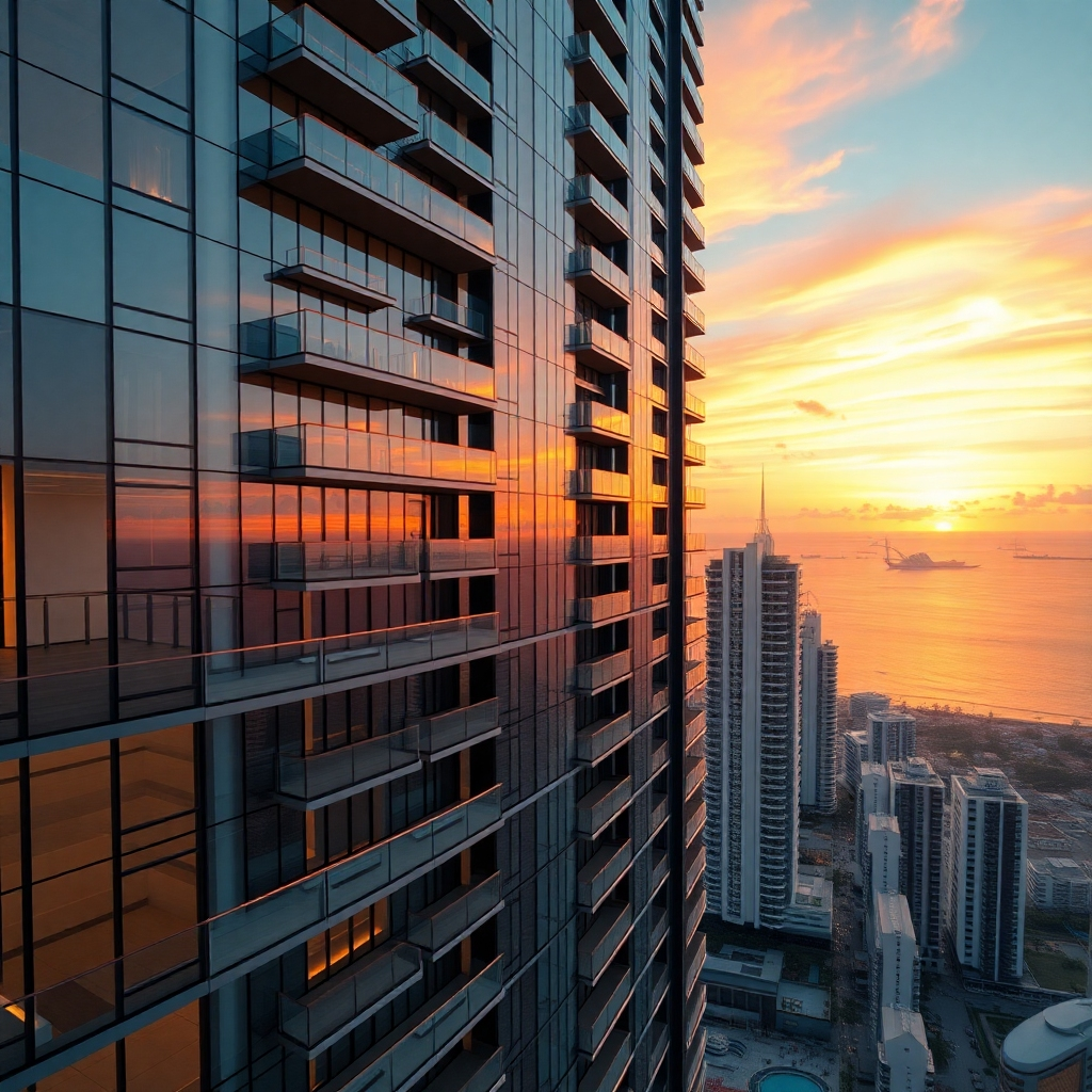 A photorealistic image, 8K resolution, showcasing a modern condotel building in Pattaya, Thailand at sunset. The image captures the exterior of a sleek, high-rise building, focusing on its architectural details and luxurious features.  Warm, golden sunlight casts a glow on the building's glass facade, reflecting the vibrant colors of the sunset sky.  The color palette is vibrant, featuring warm oranges, pinks, and purples of the sunset, contrasted with the cool blues and greens of the ocean. The camera angle is a wide shot, showcasing the scale and grandeur of the building and its location.  Texture details include the smooth glass of the building, the intricate designs of the balconies, and the reflective surfaces highlighting the surrounding cityscape.  The background includes the iconic Pattaya skyline, the ocean, and a stunning sunset.  The overall mood is sophisticated and aspirational, conveying the upscale nature of the property and the potential for significant return on investment.  The style is inspired by contemporary architectural photography with sharp lines, clean composition and rich color tones.  The image should emphasize the building's modern design and prime location, highlighting its potential as a lucrative investment opportunity.