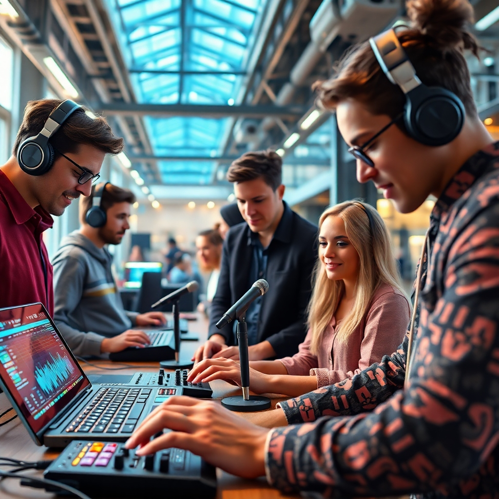 A photorealistic image, 8K resolution and ultra-detailed, showcasing a diverse group of people collaborating on a music project using various AI-powered tools and software. The scene is set in a collaborative workspace with a modern, industrial design.  The lighting is bright and even, illuminating the details of the advanced technology.  The color palette is a blend of warm and cool tones, evoking creativity and technological advancement.  The camera angle is dynamic, capturing the energy of the collaboration. Each person is using a different tool, such as a music production software interface, an AI music generation program, or a social media analytics dashboard.  The textures of the various devices, keyboards, and surfaces are detailed and realistic.  The background features futuristic architectural details and sophisticated technology. Props include headphones, microphones, controllers, and tablets with relevant applications displayed on their screens. The overall mood is collaborative, inspiring, and innovative, similar to the style of a contemporary tech startup promotional image. The image should convey a sense of cutting-edge technology and human ingenuity working together.