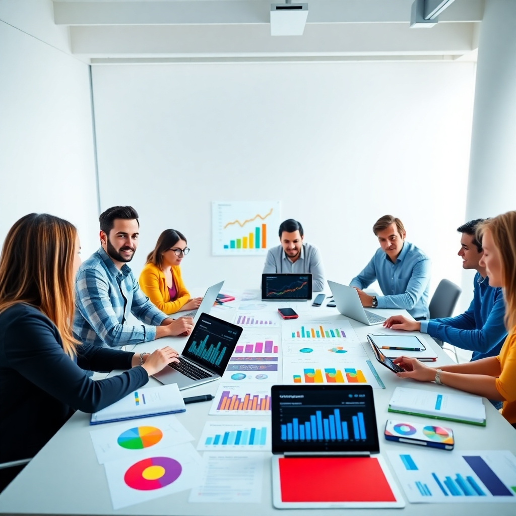 A photorealistic image, 8K resolution, hyperrealistic detail, of a diverse team of marketing professionals collaborating around a large table in a modern, brightly lit office. Soft diffused lighting. The table is filled with laptops, tablets, smartphones, notebooks, and colorful charts displaying social media analytics, website traffic data, and marketing campaign performance. The color palette is vibrant and energetic, with pops of color from the charts and technology. The camera angle is slightly elevated, showcasing the team's engaged expressions and the details on the table. The overall mood is collaborative and positive, reflecting a successful digital strategy. Textures include the smooth surfaces of the technology, the soft textures of the clothing and notebooks, and the sleekness of the modern office environment. The background features a minimalist, contemporary office setting with large windows allowing natural light to flood the room.  In the style of a modern workplace photography by Annie Leibovitz.