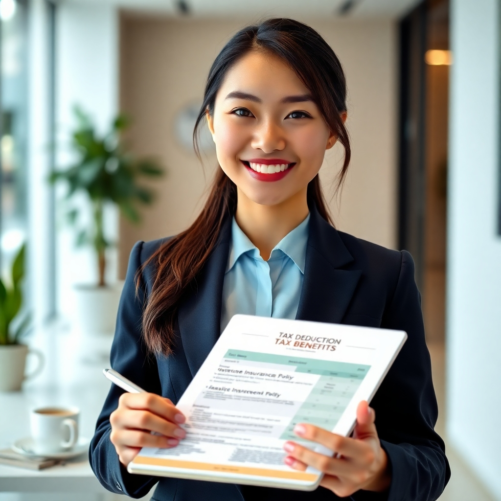 A photorealistic image, 8K resolution, hyperrealistic detail, depicting a young, confident Thai woman, dressed in a smart business suit, smiling warmly and directly engaging the viewer. She's holding a tablet displaying a tax deduction form alongside a detailed insurance policy document, clearly showcasing tax benefits.  The setting is a modern, bright office with soft diffused lighting, reflecting a sense of trust and professionalism. Color palette emphasizes calming blues and greens, conveying serenity and financial security. The camera angle is eye-level, establishing a personal connection with the viewer.  Textures include smooth, high-quality paper of the documents and the subtle texture of the woman’s business suit. Props include a stylish pen, a coffee cup, and potted plants in the background, suggesting a relaxed yet professional atmosphere.  The style references the work of Annie Leibovitz, emphasizing a candid, powerful portrayal. Background elements are softly blurred to keep the focus on the woman and the documents, which are sharply in focus. The mood is positive, optimistic, and reassuring, projecting confidence and competence.