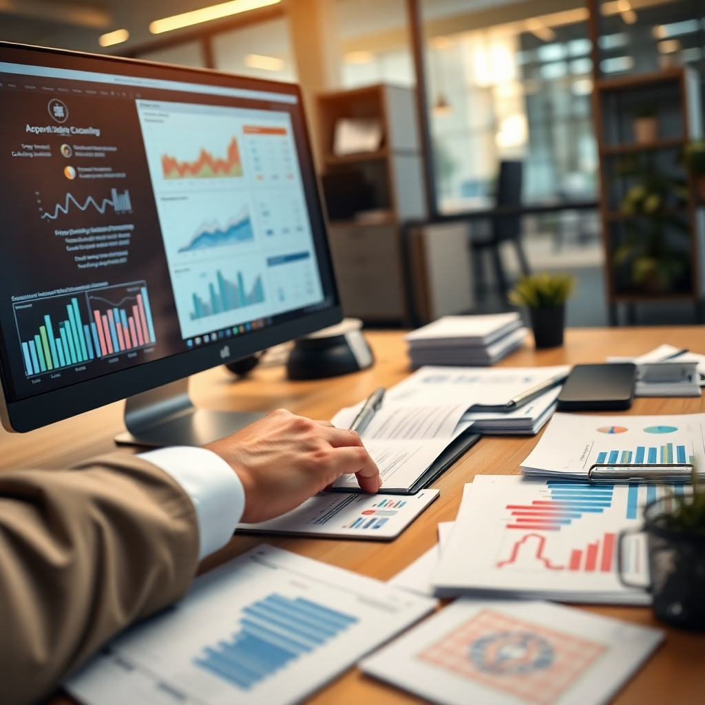 A photorealistic image, 8K resolution, hyperrealistic, ultra-detailed, in the style of a leading corporate photography studio. The image focuses on a meticulously organized accounting workspace, featuring a professional accountant's hands expertly inputting data into a state-of-the-art accounting software on a sleek, modern computer. The scene is bathed in soft, warm lighting, creating a welcoming and efficient atmosphere. A variety of financial documents, charts, and graphs are neatly arranged on the desk and subtly blurred to highlight the accountant's hands as the focal point.  The color palette consists of rich, neutral tones with pops of vibrant color from graphs and charts. The camera angle is close-up, from the accountant's perspective, emphasizing accuracy and attention to detail.  Textures such as the smooth surfaces of the computer and the crisp lines of the documents should be highly detailed. The background includes a modern and organized office setting, hinting at professionalism and efficiency. The overall mood is one of precision, efficiency, and trustworthiness.