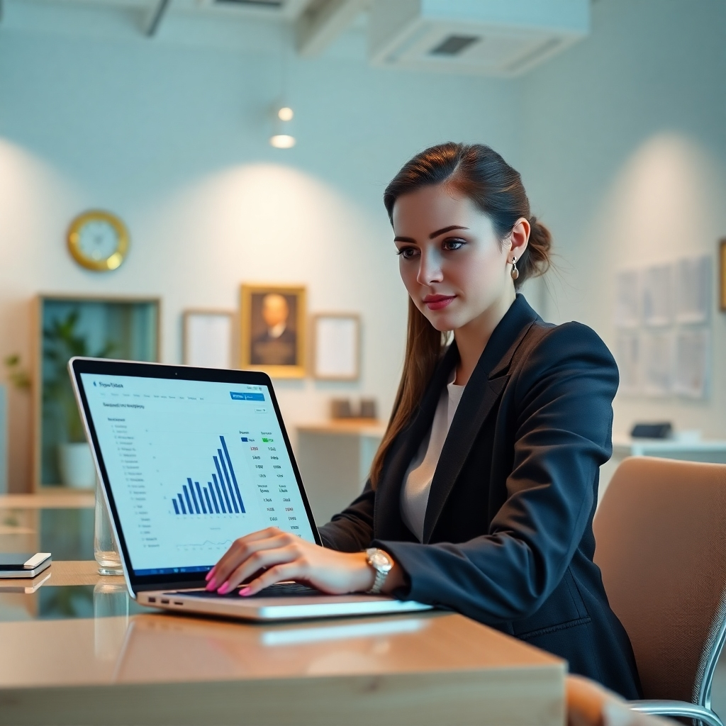 A photorealistic image, 8K resolution, hyperrealistic, ultra-detailed, depicting a young, professional-looking woman sitting at a modern desk in a bright, airy office. Soft diffused lighting illuminates the scene.  She's intently focused on a laptop screen showing Facebook analytics data, with graphs and charts clearly visible.  The color palette is clean and modern, with calming blues and greens. The woman is wearing stylish but professional attire. The desk is organized, with a few essential office supplies neatly arranged.  The background includes elements suggesting success, such as awards or certificates on the wall.  The camera angle is slightly elevated, looking down on the woman, providing a clear view of her work.  The overall mood is one of efficiency, competence, and success. The style should evoke a sense of professionalism and trustworthiness, similar to the work of Annie Leibovitz.  Focus sharply on the woman's face and the laptop screen. Materials are modern and polished: glass, metal, wood. The scene should feel aspirational and motivational. The image should convey a sense of trustworthiness and expertise.