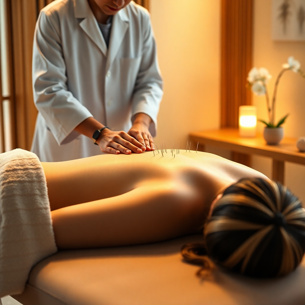 A photorealistic image, 8K resolution, hyperrealistic detail, showcasing a serene acupuncture session. Soft, warm lighting illuminates a patient lying comfortably on a massage table, with thin needles precisely placed along their back. The room is calming, featuring natural wood elements, soft beige walls, and subtle Asian-inspired decor.  The acupuncturist, wearing a professional white coat, is carefully attending to the needles. The image should have a peaceful, tranquil mood, evoking feelings of relaxation and healing. Camera angle: slightly elevated, medium shot.  Style reference:  photographs by Annie Leibovitz.  Focus on realistic skin textures, the subtle shimmer of the needles, and the soft textures of the linens. Include a small vase of delicate orchids in the background.  The overall color palette should be warm and calming, with earth tones and soft pastel accents.