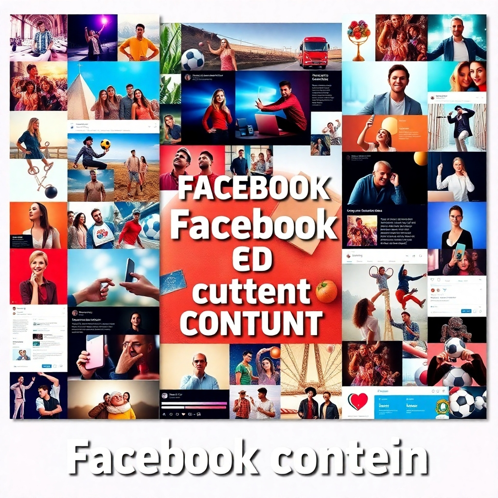 A photorealistic image, 8K resolution, hyperrealistic, ultra-detailed, showcasing a diverse range of high-quality Facebook content.  The image should be a collage-style composition, with various types of content: engaging videos, eye-catching images, informative carousels, and interactive polls.  The overall color palette is vibrant and eye-catching, with a mix of warm and cool tones. The lighting is bright and consistent throughout the collage.  Each element of the collage should be meticulously detailed, showcasing exceptional quality and creativity. The background is a subtle, neutral color that doesn't distract from the content.  The camera perspective should be a close-up, allowing for the viewer to appreciate the detail in each individual piece of content.  The style should be modern and trendsetting. Text overlay should be used minimally, only to highlight key elements.  The textures and materials should be crisp and clear.  The image should evoke a sense of creativity, excitement, and engagement. The style references should include top-tier advertising campaigns and social media influencer content.   It needs to convey a feeling of professionalism, creativity, and effectiveness.