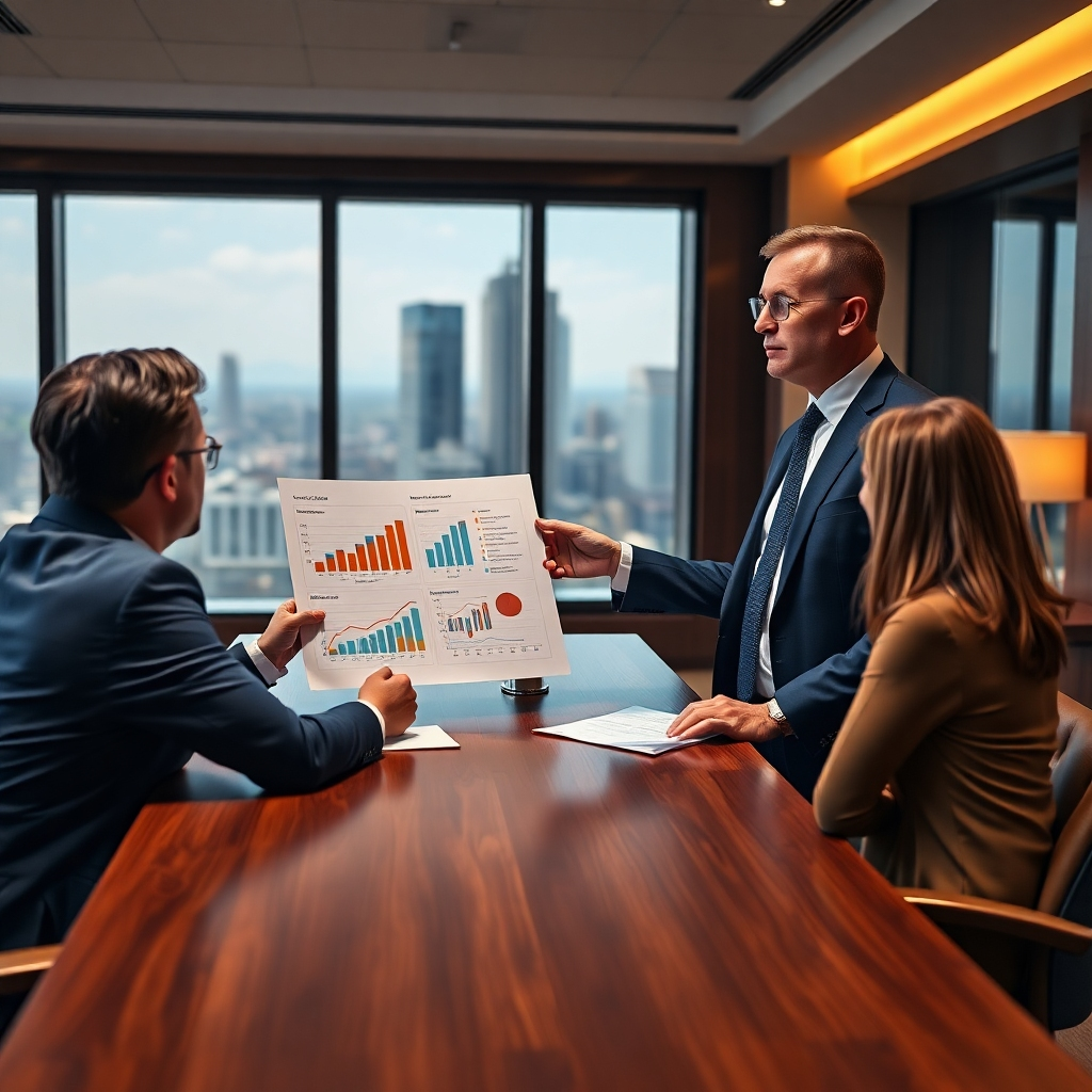 A photorealistic image, 8K resolution, hyperrealistic, ultra-detailed, in the style of Annie Leibovitz.  The scene depicts a professional business consultant, impeccably dressed in a sharp suit, presenting a detailed market analysis report to a group of three attentive clients in a modern, upscale office setting. The lighting is soft and diffused, creating a warm and inviting atmosphere. The color palette consists of sophisticated earth tones with pops of deep blue and gold accents. The camera angle is slightly elevated, showcasing the consultant's expertise and confidence. The consultant's presentation is focused on charts and graphs that convey market trends and sales strategies. There are elements of luxurious textures, including the rich wood of the conference table, soft leather chairs, and fine fabrics of the clients' clothing.  The background features a panoramic view of a modern cityscape visible through large windows. The overall mood is one of trust, success and professional collaboration.