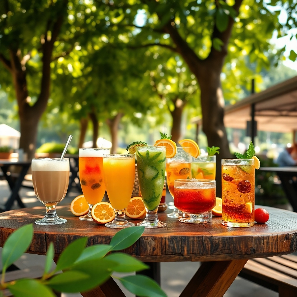 A photorealistic image, 8K resolution, hyperrealistic, ultra-detailed, showcasing a variety of refreshing beverages at Café de 117.  The scene is set outdoors under the shade of lush trees on a warm afternoon. Soft diffused sunlight filters through the leaves, casting dappled shadows on a rustic wooden table where various drinks are artfully arranged.  The drinks include iced lattes, fruit smoothies, and refreshing teas, each presented in elegant glassware. The color palette emphasizes natural greens and browns, with vibrant pops of color from the fruits and beverages. The camera angle is slightly elevated, capturing the scene from a comfortable perspective.  The table and surrounding area are meticulously detailed, showcasing the textures of the wood, the leaves, and the condensation on the glasses. The mood is relaxed and inviting, reminiscent of a peaceful escape. The overall style is inspired by the works of photographer, Annie Leibovitz, emphasizing natural light and comfortable composition.