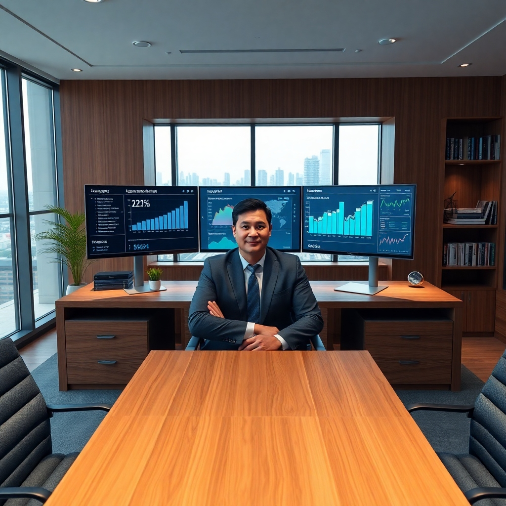 A photorealistic image, 8K resolution, hyperrealistic, ultra-detailed, of a confident Digital Marketing Consultant, อนุรักษ์ สุขเกษม, in a modern, minimalist office, sitting at a large desk with multiple monitors displaying graphs and charts showing successful marketing campaign data. Soft diffused lighting illuminates the scene. The color palette is calming blues and greens with warm wood tones. The camera angle is slightly high, looking down on the consultant. Textures include smooth glass monitors, the rough texture of the wood desk, and soft fabric of the chair.  Background details include bookshelves with marketing and business books, and a sleek city view visible through a large window. The overall mood is professional, confident, and successful. In the style of Annie Leibovitz.