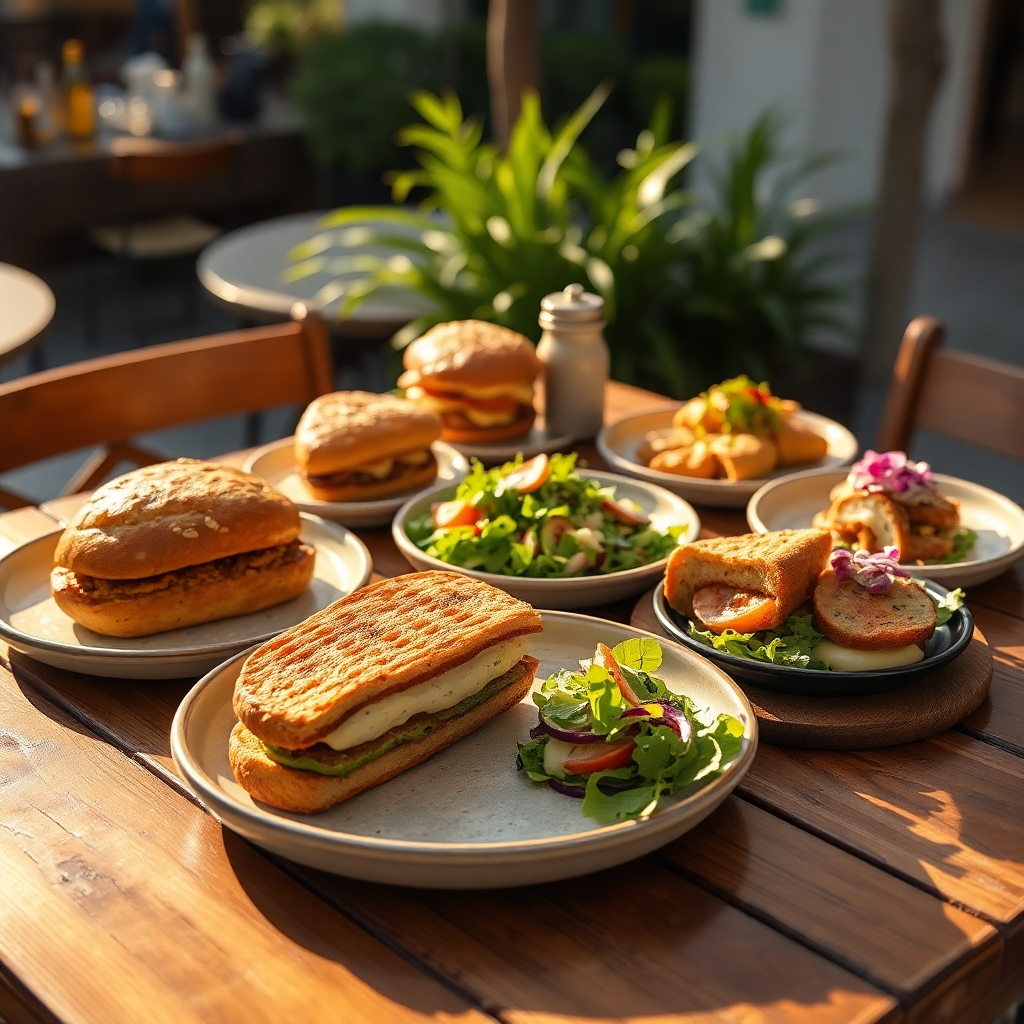 A photorealistic image, 8K resolution, hyperrealistic, ultra-detailed, of a selection of delicious food at Café de 117. The scene is set on a rustic wooden table outdoors, bathed in warm, golden sunlight.  The food includes a variety of both sweet and savory dishes, such as fresh pastries, gourmet sandwiches, and beautifully plated salads.  The lighting is soft and natural, highlighting the textures and colors of each dish. The color palette is rich and inviting, with warm tones dominating. The camera angle is slightly high and angled, capturing the food from a slightly dramatic perspective.  The textures of the food, from the crusty bread to the creamy fillings, are meticulously detailed, and the presentation is elegant and inviting.  The mood is one of warmth and deliciousness. The overall style is similar to the food photography of  Aran Goyoaga, capturing the essence of fresh, wholesome ingredients. The background subtly features greenery and the warm tones of the café's outdoor setting