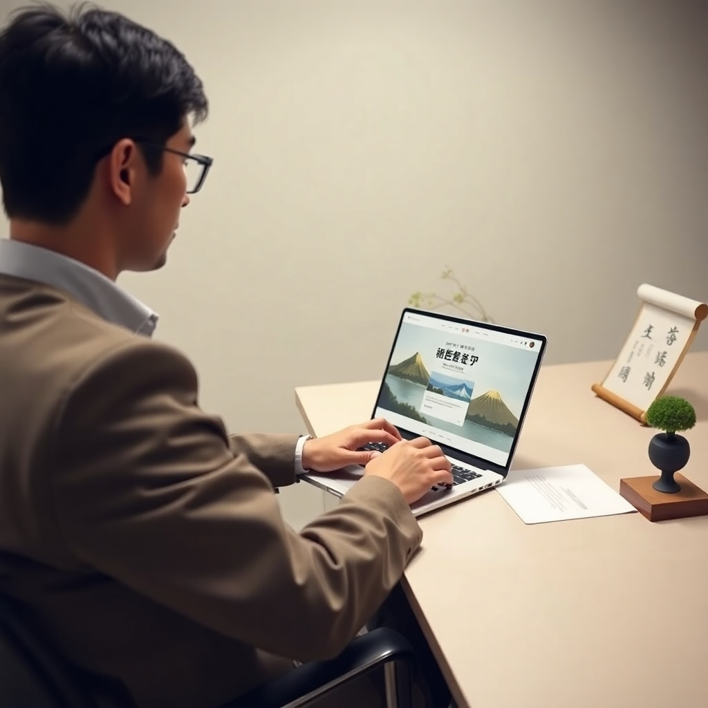 A photorealistic image, 8K resolution, hyperrealistic, ultra-detailed, in the style of a minimalist Japanese aesthetic. The scene shows a serene, modern Japanese office space.  A single person, dressed in smart business casual clothing, is calmly using a laptop. The laptop displays a beautifully designed Japanese-language website with clean and elegant typography.  The website is characterized by a minimalist design, soft color palette and high quality imagery focusing on Japanese themes. Soft, diffused lighting creates a calm and focused atmosphere.  The color palette uses natural, muted tones - creams, light greens, soft greys.  The image is from a slightly high angle, offering a gentle, unobtrusive perspective. The materials are flawlessly detailed, from the subtly textured fabric of the clothing to the polished surface of the laptop. The office is minimal, featuring only essential items like a desk, chair and a few carefully chosen decorations evoking Japanese design principles, like a bonsai or a simple calligraphy scroll. There is a sense of quiet efficiency and professionalism. The overall mood is one of tranquility, focus, and high-quality craftsmanship.