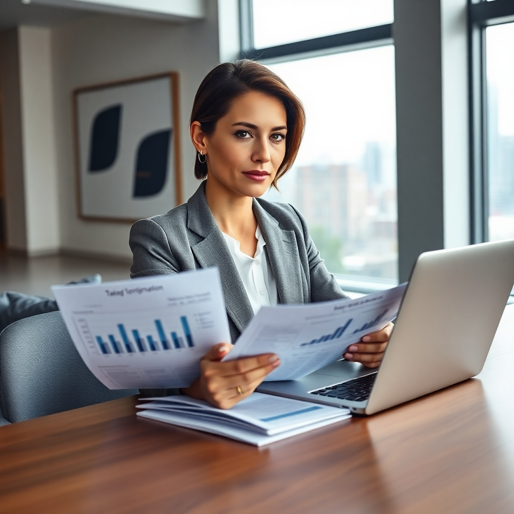 A photorealistic image, 8K resolution, hyperrealistic, ultra-detailed, in the style of Annie Leibovitz.  The scene depicts a confident, smartly dressed businesswoman in her 30s sitting at a modern, minimalist desk in a bright, airy office with large windows overlooking a cityscape. Soft diffused lighting illuminates the scene, creating a calm and professional atmosphere. The businesswoman is reviewing financial documents, a laptop is open beside her showing graphs and charts indicating tax optimization strategies.  Her expression is one of thoughtful concentration.  The color palette is muted and sophisticated, with earth tones and soft blues, exuding professionalism and trust. The camera angle is slightly elevated, showcasing the businesswoman and her surroundings in a flattering and authoritative manner.  The desk is made of polished wood, and the laptop is a sleek silver. The overall mood is one of competence, efficiency, and success. Fine textures such as the paper of the documents and the fabric of her suit are clearly visible. The background features modern artwork with simple, bold lines and subtle color accents.