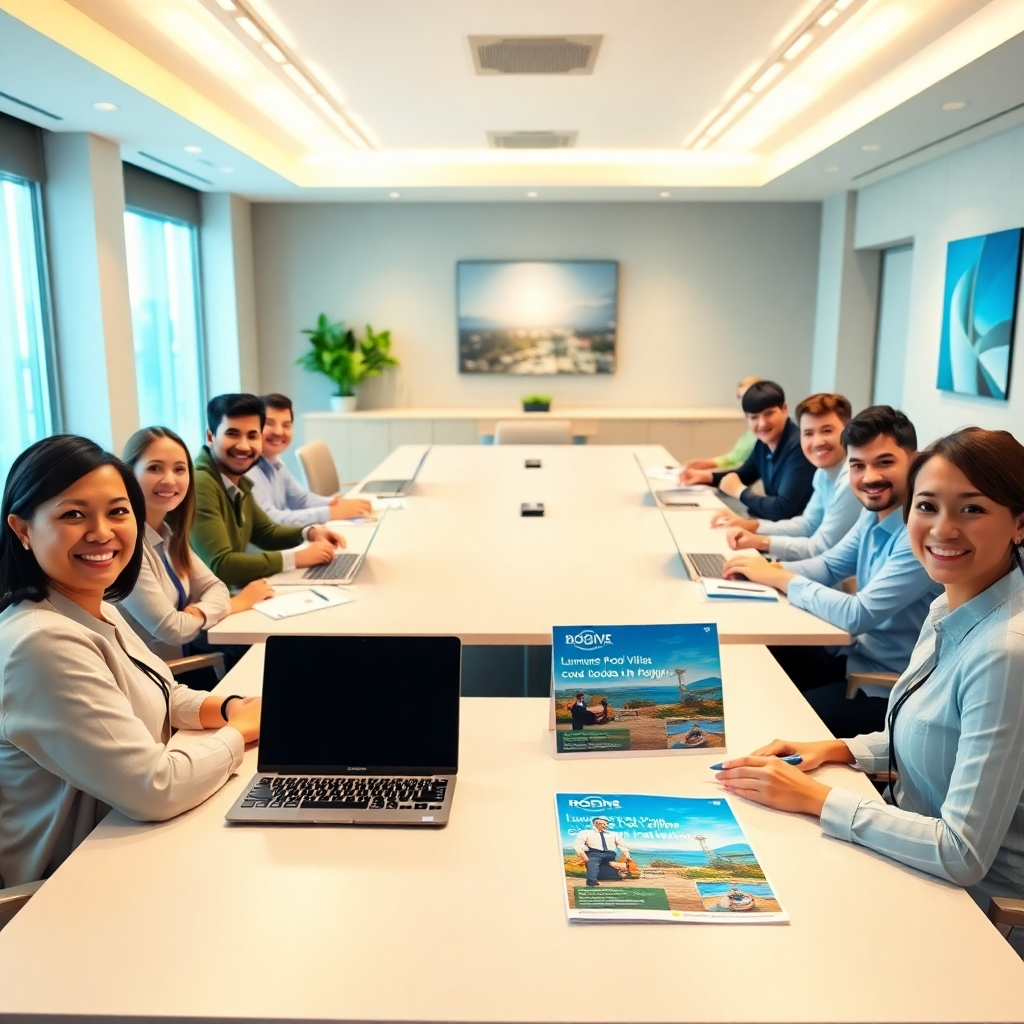 A photorealistic image, 8K resolution, hyperrealistic, ultra-detailed, of a diverse group of smiling people sitting around a large conference table in a modern, brightly lit training room.  Soft diffused lighting illuminates the scene, creating a warm and inviting atmosphere. The color palette is vibrant and energetic, with pops of blue and green accents against a neutral background.  The camera angle is slightly elevated, offering a dynamic perspective of the group.  The table is adorned with laptops, notebooks, and marketing materials showcasing luxurious pool villas and condos in Pattaya.  The textures are highly realistic – smooth surfaces of the table, soft fabric of the chairs, and the crisp print of the marketing materials.  Environmental elements include subtle background details like potted plants and modern artwork. The overall mood is positive, collaborative, and energetic. The style is reminiscent of a high-end corporate training session, emphasizing professionalism and success. The people are dressed in business casual attire.  Focus should be on expressions of engagement and confidence.