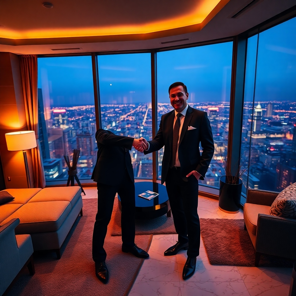 A photorealistic image, 8K resolution, in the style of a cinematic still. The scene is set in a luxurious penthouse apartment overlooking a stunning cityscape at night. Soft, warm lighting creates an intimate yet sophisticated atmosphere. The color palette consists of deep blues, warm golds, and rich blacks. A successful real estate agent, sharply dressed in a sophisticated outfit, is shaking hands with a happy client, sealing a deal.  The camera angle is over-the-shoulder, emphasizing the connection between the agent and the client.  Textures and materials are highly detailed; plush carpets, polished marble floors, luxurious furnishings, all visible.  The environment includes a sweeping city panorama from the large windows, adding to the sense of exclusivity and achievement.  The mood is confident, celebratory, and emphasizes success and trust.  The overall feeling is one of accomplishment and mutual satisfaction.