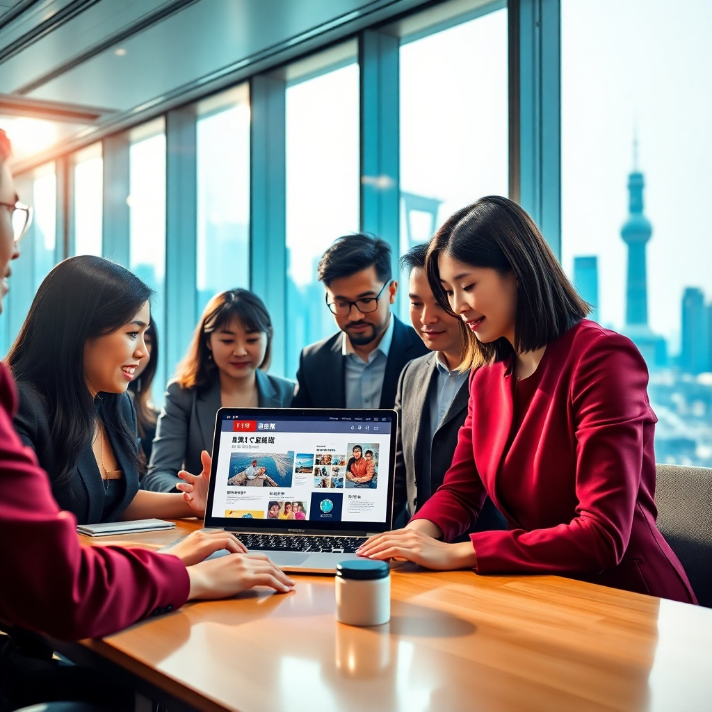 A photorealistic image, 8K resolution, hyperrealistic, ultra-detailed, shot in the style of a modern advertising campaign for a global tech company. The scene depicts a bustling modern office in Shanghai, China.  A team of diverse professionals, including both Chinese and international members, collaborate on a project. One professional uses a laptop to display a beautifully designed Chinese-language version of a website.  The website uses clean typography optimized for Chinese reading habits, high-quality images relevant to Chinese culture and context, and a user-friendly interface for Chinese users. Dramatic side lighting creates a sense of energy and focus. The color palette is vibrant and sophisticated, using rich jewel tones (emerald green, sapphire blue, ruby red) to create a visually striking effect. The camera angle is dynamic, from a slightly low angle to show the team in action.  Materials are rendered with photorealistic precision, from the glossy screens to the fine textures of the clothing. The background features modern architecture of the Shanghai skyline, visible through a large window, symbolizing the international nature of the business. The mood is professional, collaborative, dynamic, and successful.  The image conveys trust, expertise, and effective global communication.