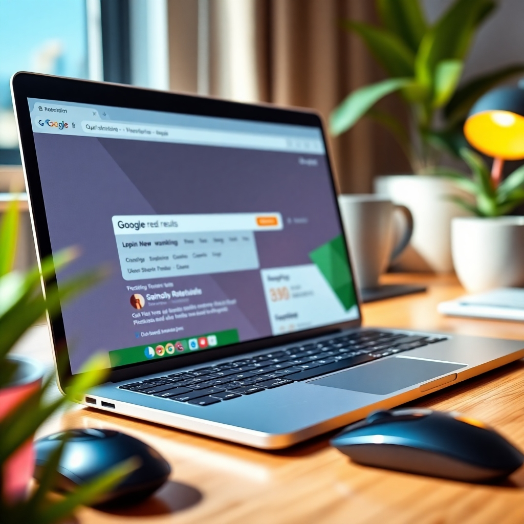 A photorealistic image, 8K resolution, hyperrealistic, ultra-detailed, depicting a close-up shot of a laptop screen displaying a website with high ranking on Google search results. Dramatic side lighting accentuates the screen's brilliance and the details of the search results page. The color palette is vibrant and modern, with pops of bright color to highlight key elements. The camera angle is from a slightly elevated perspective, emphasizing the importance of the search results. Textures include the smooth glass of the laptop screen, the metallic finish of the laptop, and the smooth texture of the desk surface.  Environmental elements could show an office setting or a comfortable work-from-home space with plants.  The overall mood is optimistic, successful, and inspiring. Props include a wireless mouse and keyboard. In the style of Platon.