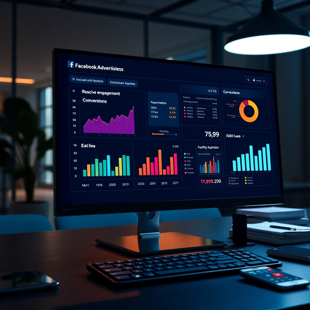 A photorealistic image, 8K resolution, hyperrealistic, ultra-detailed, showing a sleek, modern dashboard displaying key Facebook advertising metrics: reach, engagement, conversions, and ROI.  The dashboard should be presented on a large, high-resolution monitor in a dimly lit, modern office space.  Dramatic side lighting should highlight the crucial data points on the screen. The color palette should be a dark and sophisticated theme with accents of bright, vibrant colors that represent key performance indicators. The camera angle should be a slight low-angle shot that emphasizes the scale of the data and the importance of the insights.   Textures should include the polished glass of the monitor, the sleek metal of the computer casing, and the subtle texture of the office walls. The environment should feel professional and high-tech.   The style is to be clean and modern, reminiscent of a high-tech startup office.  The image should communicate success, precision, and data-driven decision-making.   The overall mood is one of confidence and control. There should be a feeling of sophistication and authority. Include some relevant props like a high-end keyboard, a mobile phone showing successful ad campaigns, a few neatly stacked reports and charts in the background.