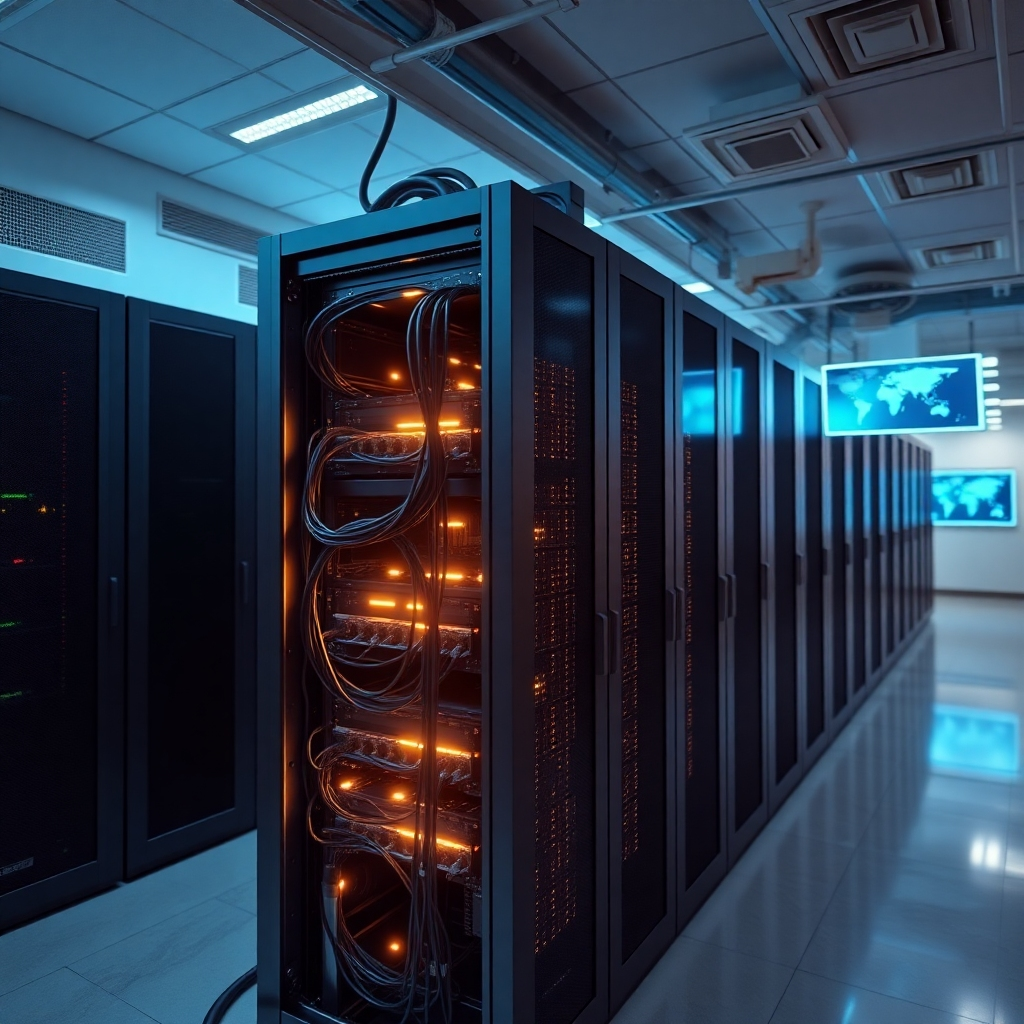 A photorealistic image, 8K resolution, hyperrealistic detail, depicting a modern, sleek server room with soft, diffused lighting.  The main focus is on a high-end server rack, glowing subtly with internal lights, showcasing various network cables and connections. In the background, other servers hum quietly, subtly suggesting power and connectivity. The color palette is a calming blend of blues, grays, and soft whites, creating a clean and professional mood. The camera angle is a slightly elevated perspective, looking down at the server rack, emphasizing its technological complexity. Textures should be highly detailed, showcasing the metallic sheen of the server rack, the intricate weaving of the network cables, and the smooth surfaces of the server room floor.  The overall style is inspired by the work of renowned architectural and industrial photographers such as Iwan Baan and Julius Shulman. The image should evoke a sense of reliability, security, and cutting-edge technology. The background includes subtle details such as air conditioning vents and security cameras, reinforcing the high-tech environment.  Include a subtly glowing digital world map projected onto one of the server screens, showing global connectivity.  The image should convey a sense of trust and stability.