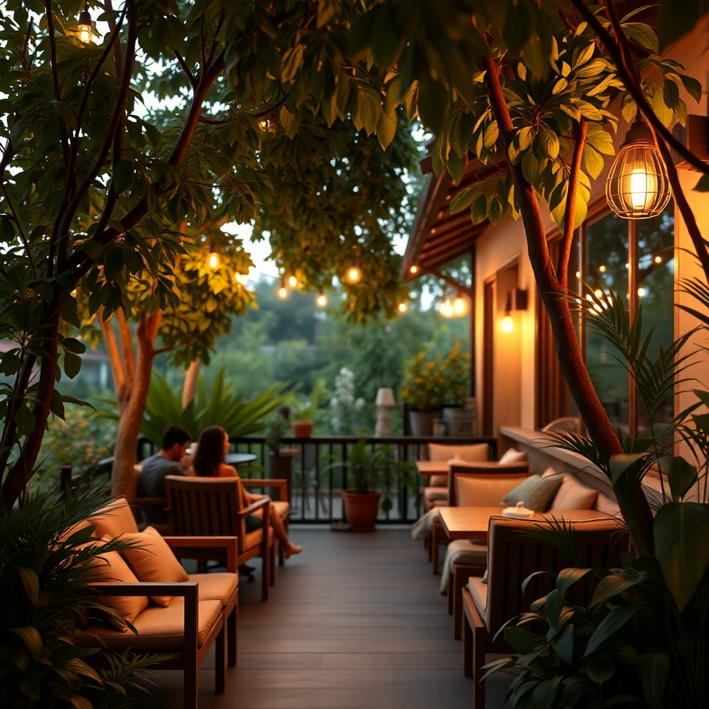 A photorealistic image, 8K resolution, hyperrealistic, ultra-detailed, showcasing the cozy and private atmosphere of Café de 117. The image focuses on the outdoor seating area, where customers are comfortably seated amidst lush greenery.  The lighting is soft and diffused, creating a tranquil and inviting ambiance.  Warm, earthy tones dominate the color palette, with the green of the plants providing a refreshing contrast.  The camera angle is from a slightly low perspective, emphasizing the height and density of the trees surrounding the seating area.  The textures of the wooden furniture, the soft cushions, and the leaves are meticulously rendered, creating a sense of depth and realism.  The mood is peaceful, relaxing, and inviting.  The overall style is inspired by the works of  Brooke Shaden, known for her magical and atmospheric photography, but with a focus on natural light and realistic textures.  The background includes string lights subtly illuminating the area at dusk, adding a touch of warmth and magic.