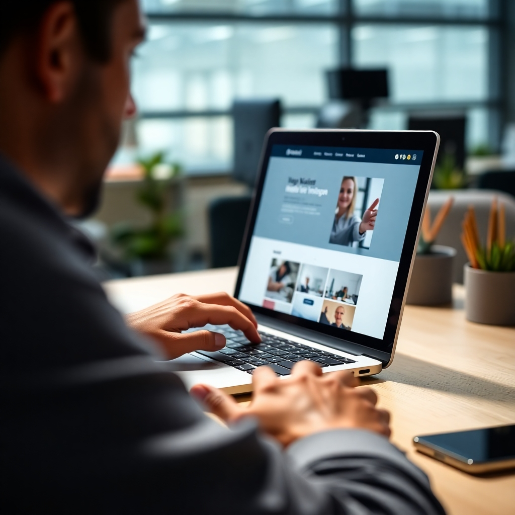A photorealistic image, 8K resolution, hyperrealistic detail, showing a close-up shot of a hand expertly using a laptop to optimize a website's interface. The laptop screen showcases a clean, modern website with intuitive navigation and high-quality images.  The lighting should be soft and warm, focusing on the detail on the laptop screen.  The color palette should emphasize professionalism, using clean, muted tones with strategic pops of color to highlight key features of the site. The camera angle should be a slightly elevated close-up, emphasizing the user's focused expression and meticulous work. Textures should include the smooth surfaces of the laptop, the slightly rough texture of the desk, and the soft texture of the user's clothing.  Environmental elements should include a clean, organized, modern workspace, implying a professional and efficient environment. Background should subtly depict a modern office environment. The overall style should be inspired by high-end product photography and technical design; resembling the visual style of Apple product photography.  The image should convey a sense of precision, professionalism, and user-friendliness.