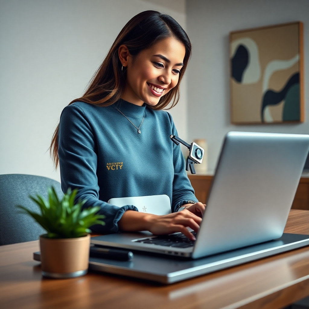 A photorealistic image, 8K resolution, hyperrealistic, ultra-detailed, in the style of Annie Leibovitz.  The scene depicts a young, professional woman smiling confidently while looking at a laptop displaying a beautifully designed English-language website. The website showcases clean typography, high-quality images, and a user-friendly interface. Soft diffused lighting illuminates the scene, creating a warm and inviting atmosphere. The color palette is modern and sophisticated, with calming blues and greens accented by warm beiges and golds. The camera angle is slightly elevated, creating a dynamic and engaging perspective. The laptop rests on a sleek, modern desk with a minimalist arrangement of plants and office supplies. The background is subtly blurred, highlighting the woman and the laptop.  The woman's attire is stylish and professional, suggesting success and competence. The overall mood is one of accomplishment and professionalism. The texture and material details are rendered with exceptional accuracy, showing the soft texture of the woman's hair and clothing, the smooth surface of the desk and laptop, and the realistic grain of the wood. The background features an abstract painting on the wall, adding a touch of artistic flair. The image evokes a sense of calm confidence and professionalism.