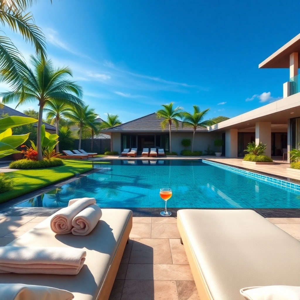 A photorealistic image, in 8K resolution and hyperrealistic detail, showcasing the exclusive amenities of a Pool Villa in Pattaya. The focus is on a stunning outdoor area, including the private infinity pool with a swim-up bar, a meticulously landscaped garden, and comfortable outdoor seating areas. The image is captured during the day under bright, natural light with soft shadows, emphasizing the vibrant colors of the surroundings. The color palette is tropical and luxurious: deep blues of the pool, vibrant greens of the landscaping, with white and beige accents on the outdoor furniture. The composition is a wide shot, showcasing the entirety of the outdoor area, with a hint of the villa’s interior visible in the background. The texture and material details are highly realistic, with crystal-clear water, lush greenery, and smooth, polished surfaces. The style emulates high-end luxury resort photography, evoking a sense of opulence and tranquility. The overall mood is one of relaxation, luxury, and escape.  Include details like plush towels neatly folded on sun loungers, cocktails prepared at the swim-up bar, and a gentle breeze ruffling the palm trees. The image exudes a high level of sophistication and exclusivity.