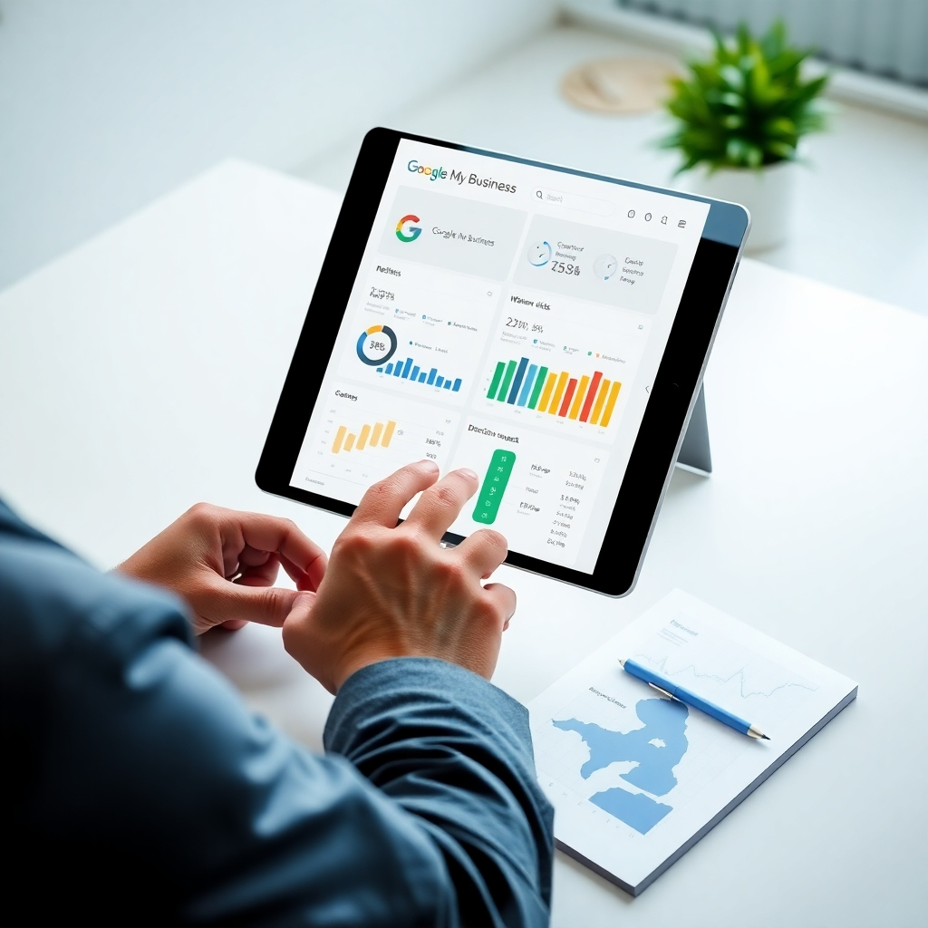 A photorealistic image, rendered in 8K resolution, depicting a business owner reviewing a comprehensive Google My Business performance report on a tablet. The report displays key metrics such as customer reviews, website clicks, and directions requests. The tablet is positioned on a sleek, modern desk in a bright, minimalist office setting. Soft, diffused lighting enhances the readability of the data on the screen and creates a calm and organized atmosphere. The color palette is professional and calming; blues, greens, and grays are prominently featured. The camera angle is a high-angle shot, offering a clear view of the tablet and the report data. Textures are ultra-realistic, accurately representing the metallic finish of the tablet, the smooth surface of the desk, and the slightly textured fabric of the chair.  Small details, such as subtly branded stationery and professional-looking charts and graphs, add to the image's sense of organization and success. The style should mimic a high-quality stock photo emphasizing business success and data-driven decision-making.