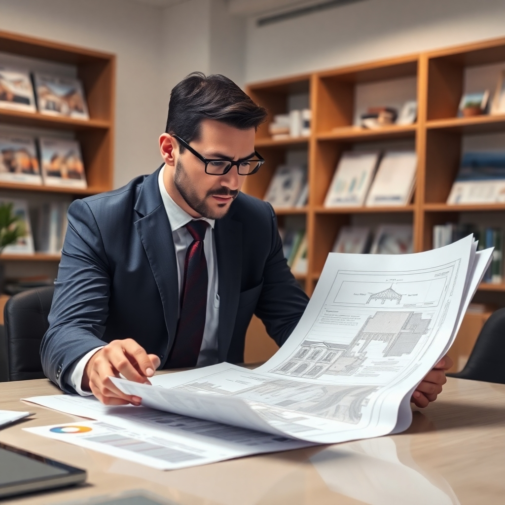A photorealistic image, rendered in 8K resolution, depicts a professional appraiser meticulously examining architectural drawings and property documents in a well-lit, modern office. The appraiser is dressed in business attire, showcasing professionalism and competence. The scene is set in a contemporary office space with soft, diffused lighting, ensuring a clear and detailed view of the documents and the appraiser's focused expression.  The color palette consists of neutral tones, conveying trust and reliability.  The image captures a sense of seriousness and attention to detail.  The camera angle is slightly elevated, providing a clear perspective of the appraiser's work.  Textures, such as the smooth surface of the desk, the crisp paper of the documents, and the fabric of the appraiser's attire, are highly detailed.  Background elements include bookshelves filled with real estate publications and charts, subtly suggesting expertise.  The overall style is sleek, clean, and professional, reminiscent of high-quality corporate photography.  The mood is one of professionalism, accuracy, and reliability, reassuring clients of a fair and accurate assessment.  The image is hyperrealistic, showcasing the utmost precision in detailing the scene.