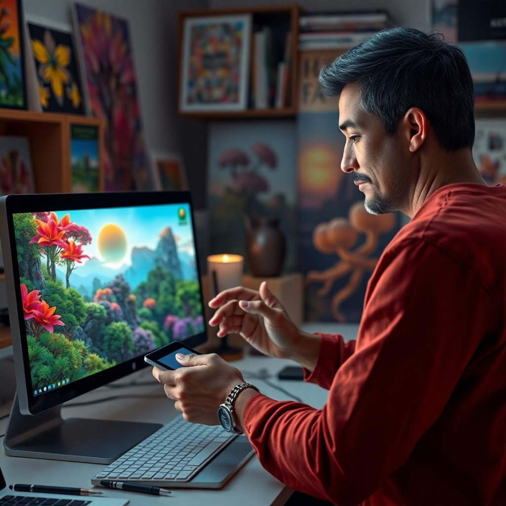 A photorealistic image, ultra-detailed and in 8K resolution, showcasing a digital artist working on a computer, creating a vibrant and colorful digital painting. The artist is focused, hands hovering over a tablet, surrounded by colorful artwork prints. Soft, diffused lighting illuminates the workspace, creating a calm and creative ambiance.  The computer screen displays a work-in-progress showcasing a fantasy landscape, replete with intricate details of a mystical forest and vibrant flora and fauna.   The background features shelves with art books and other creative tools, adding to the artist’s studio vibe. The overall mood should be inspiring and creative, showcasing the artist's passion and concentration.  The image style should evoke a sense of modern digital art, capturing the intensity of creation. The image should include a glimpse of a 'KAT Studio' logo on one of the artwork prints in the background.  The level of detail is paramount, including reflections on the screen, the textures of the materials, and the expression on the artist's face