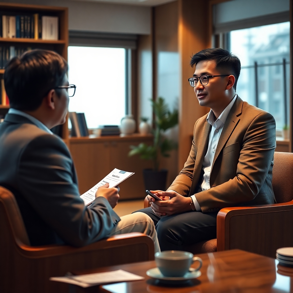 A photorealistic image, ultra-detailed, 8K resolution, showing a knowledgeable Thai insurance broker, Worawan, dressed professionally in a stylish yet approachable outfit, sitting across from a client.  The setting is a warmly lit, modern office with bookshelves displaying insurance-related titles. Soft, diffused lighting creates a comfortable and welcoming atmosphere.  Color palette incorporates earth tones with accents of calming blue, creating a sense of trust and expertise. The camera angle is a medium shot, capturing both the broker and the client attentively engaging in a conversation.  Textures include the subtle grain of wood furniture, the smooth surface of a laptop screen displaying an insurance presentation, and the fabric of the clothing. Props include financial documents, a laptop, and coffee cups.  Style references the work of Gregory Crewdson, emphasizing a narrative and emotional depth. The mood is inviting, calm, and informative, highlighting the broker's expertise and approachable demeanor.  The focus is on the thoughtful exchange between the broker and the client, suggesting a personal connection and building trust.
