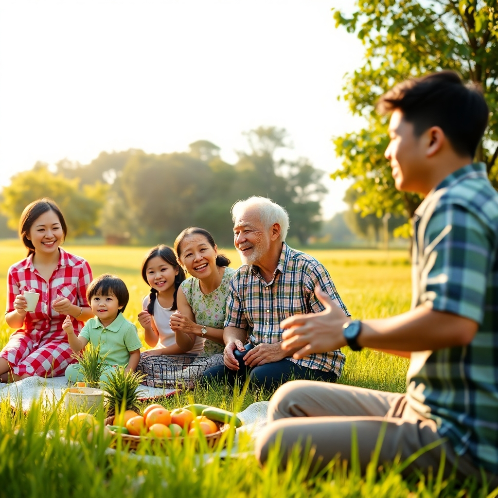 A photorealistic image, ultra-high quality, 8K resolution, showcasing a diverse group of happy and healthy Thai people of all ages engaging in various activities – a family enjoying a picnic, a senior couple walking in a park, a young professional exercising.  Soft, natural sunlight illuminates the scene, creating a warm and inviting atmosphere. Color palette utilizes vibrant, natural tones, reflecting health and vitality. Camera angle is from a slightly elevated perspective, offering a comprehensive view of the group. Textures should show the details of clothing, grass, and skin realistically.  Environmental elements include lush greenery, a bright sunny sky, and a clean, peaceful setting. Props could include healthy food items like fruits and vegetables at the picnic. The style references the work of Steve McCurry, emphasizing a humanistic and emotional connection.  The overall mood is positive, energetic, and hopeful, representing the peace of mind that comes with comprehensive health insurance.