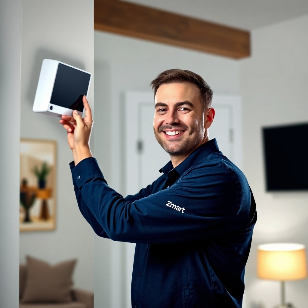 A photorealistic image depicting a friendly ZmartSenior technician installing a smart home device in a customer's home. The technician should be wearing a branded uniform and smiling reassuringly. The image should convey professionalism and customer service.