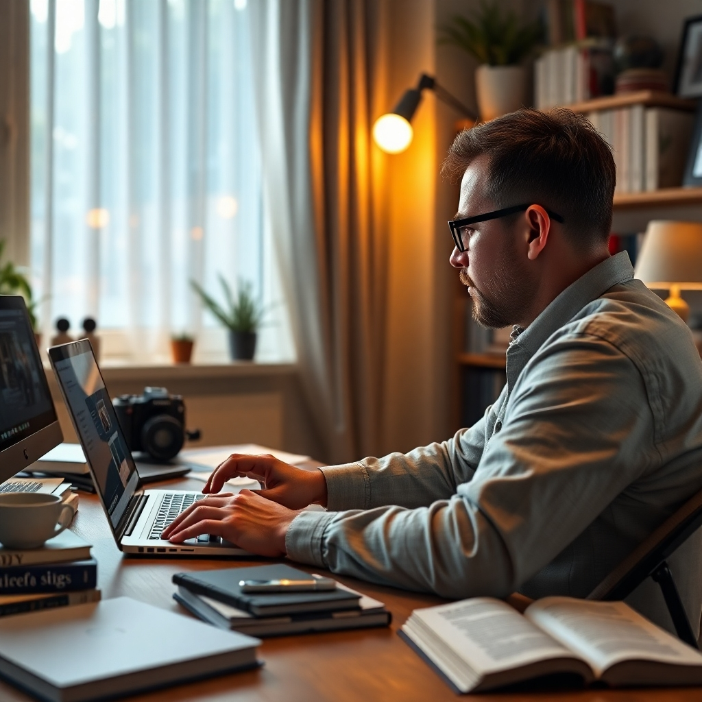 A photorealistic image depicting a person attentively watching online tutorial videos on a laptop, surrounded by various digital devices and books on website design and digital marketing. The setting should be a cozy and well-lit home office.