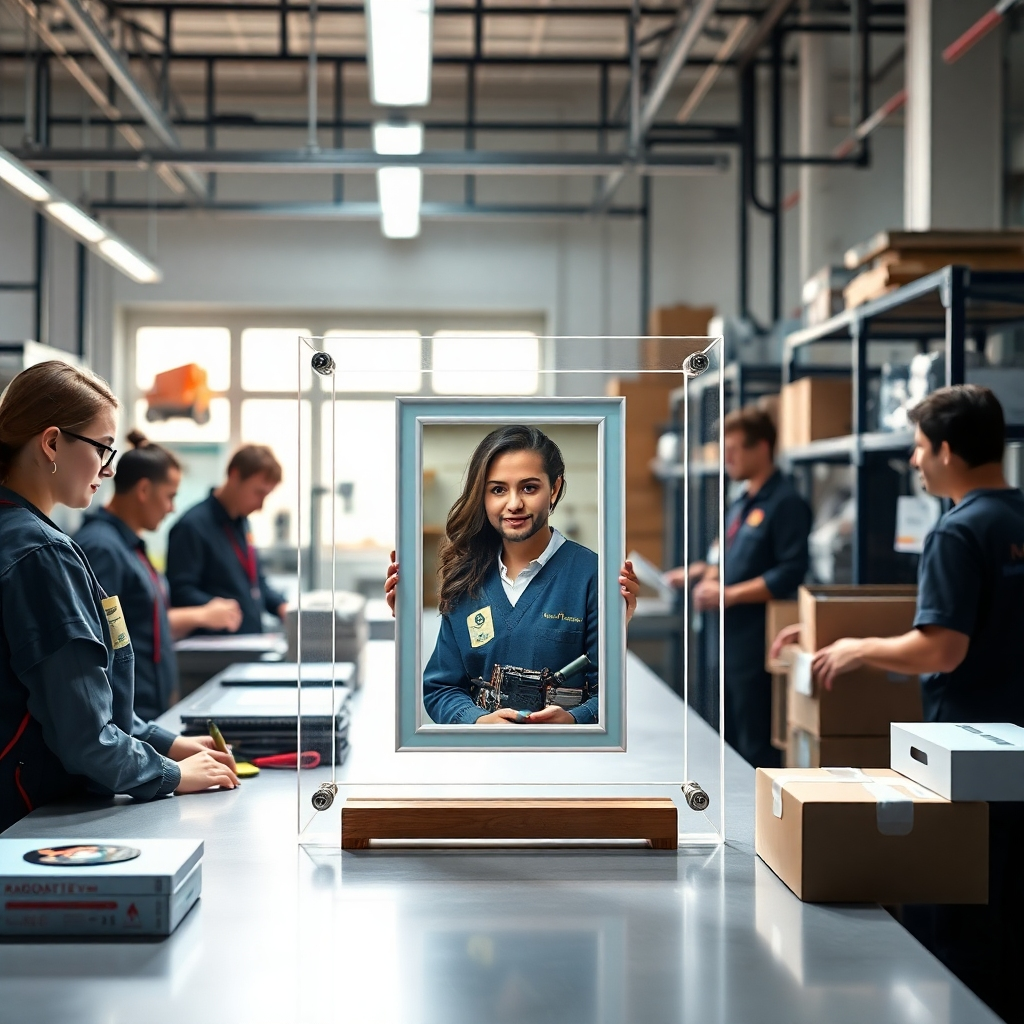 A photorealistic image depicting the entire process of acrylic photo frame production, from design and material selection to the final packaging and delivery.  The image should showcase a clean and organized workflow, with happy and professional staff involved in each stage. The final product should be prominently displayed, showcasing its high quality.