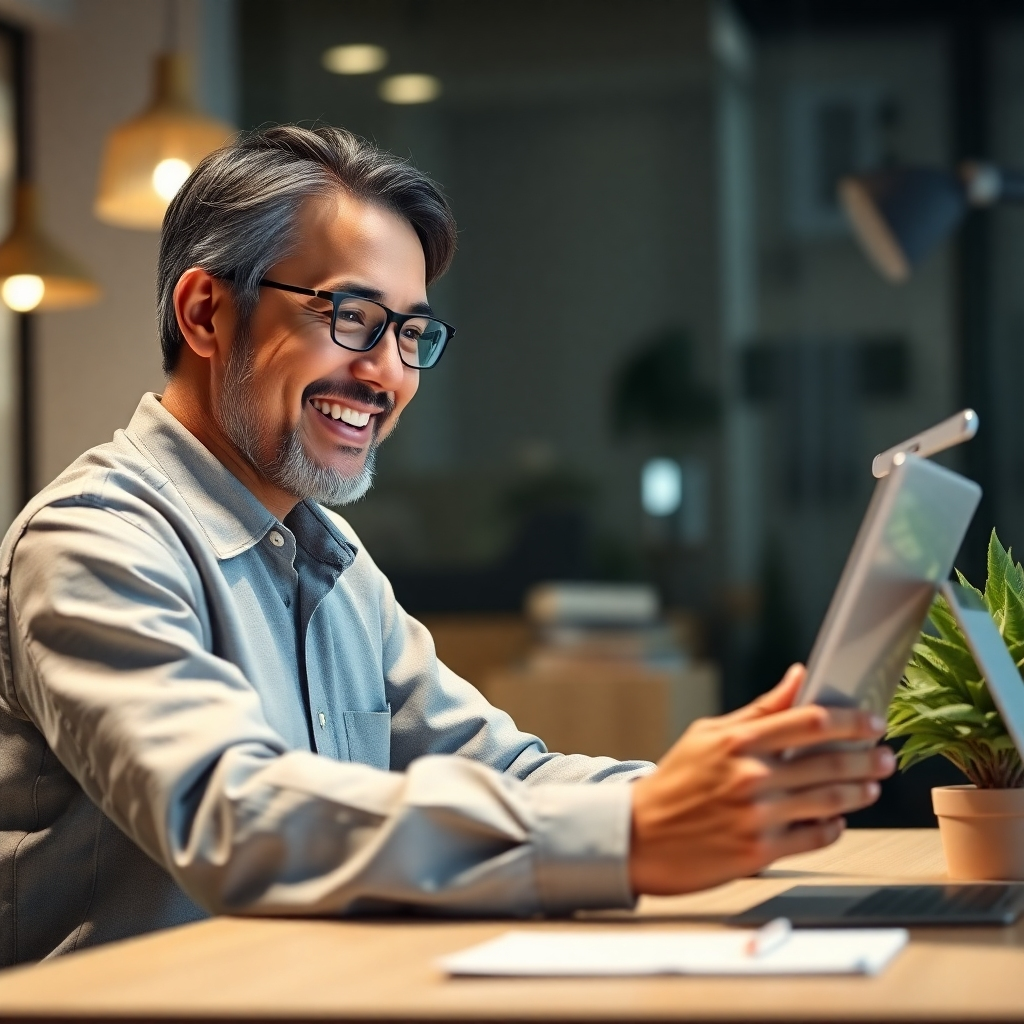 A photorealistic image depicting a satisfied customer from a different cultural background smiling while browsing a website translated into their native language. The website should be clean, professional and easy to navigate.  The background should subtly showcase the customer's cultural context.  The image should convey trust, satisfaction, and professional interaction.