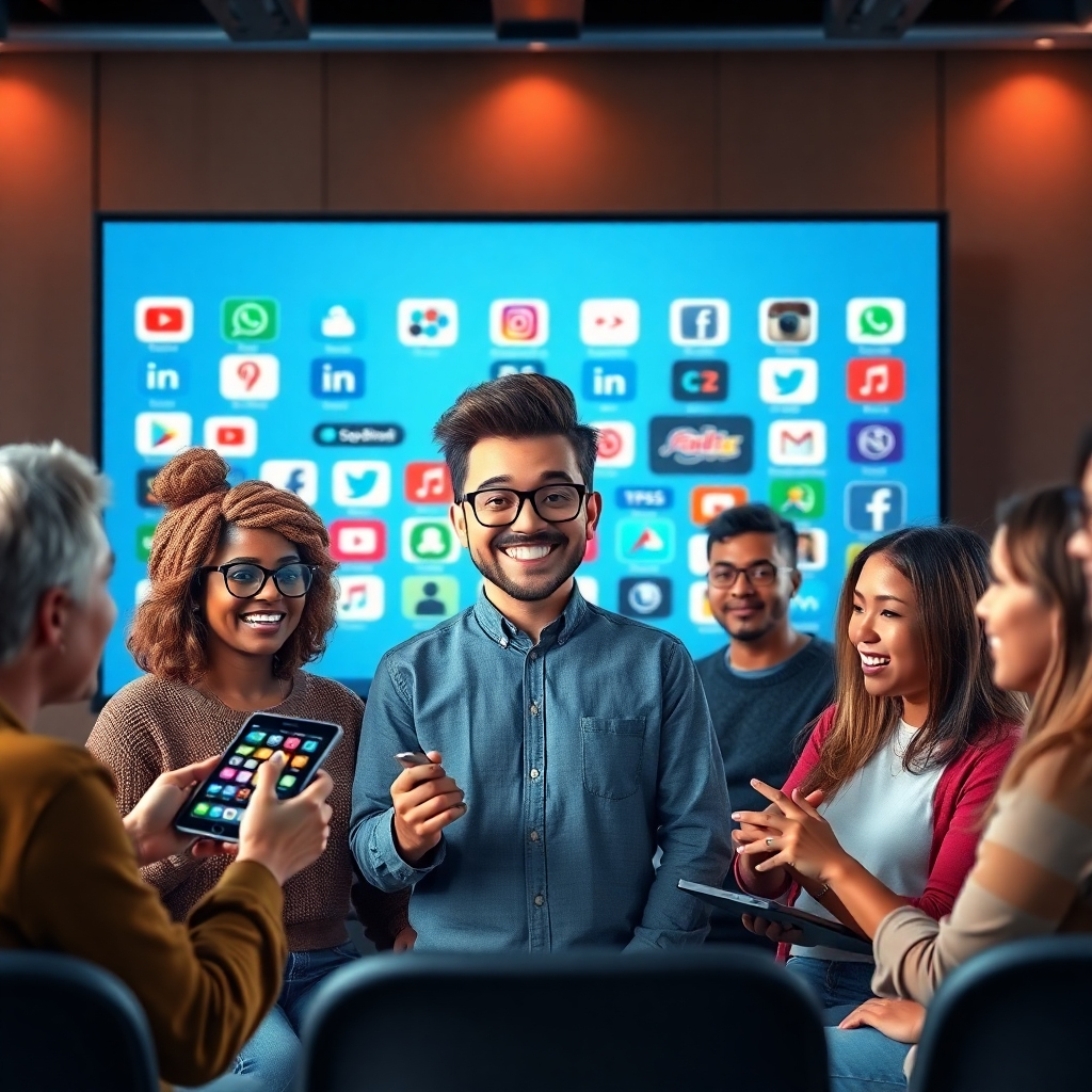 A photorealistic image depicting a diverse group of people of different ages and backgrounds interacting with an avatar presenter on various devices – a tablet, smartphone, laptop, and large screen. The avatar should be friendly and inclusive, reflecting the diversity of the audience. The background should show various online platforms and social media channels.