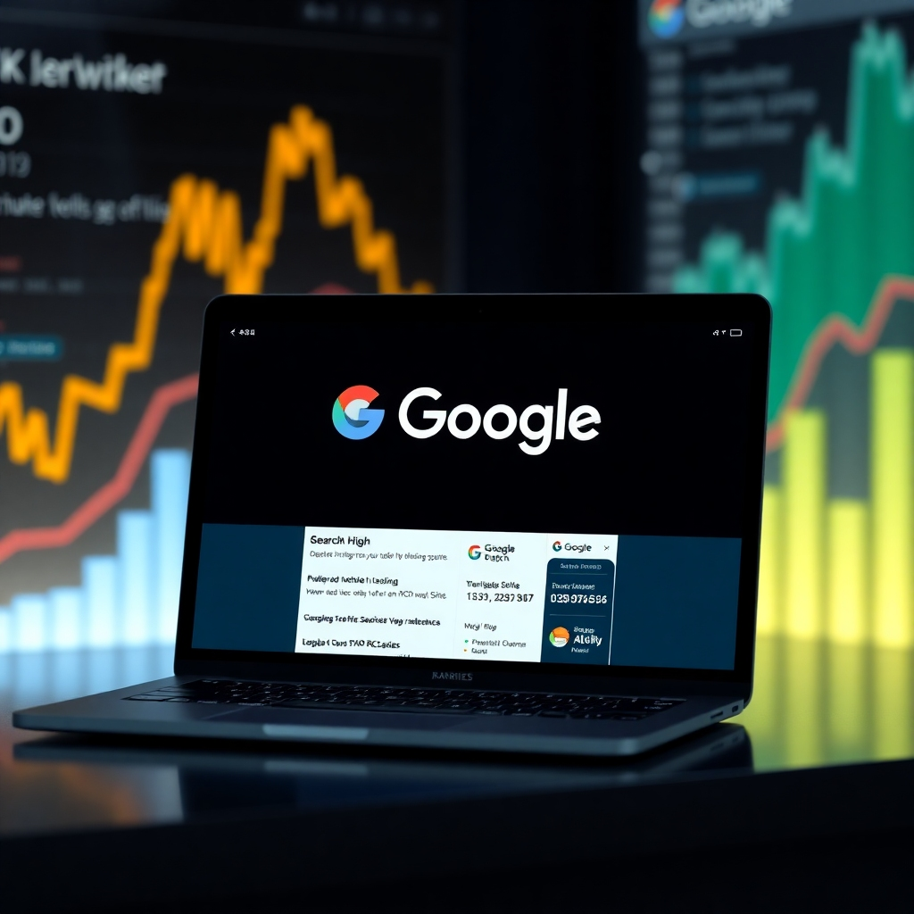 A photorealistic image depicting a laptop displaying a website ranking high on a Google search results page.  The website should have a professional logo and design.  The background should subtly show graphs and charts indicating high website traffic and positive SEO metrics. The image should convey a sense of success and achievement.