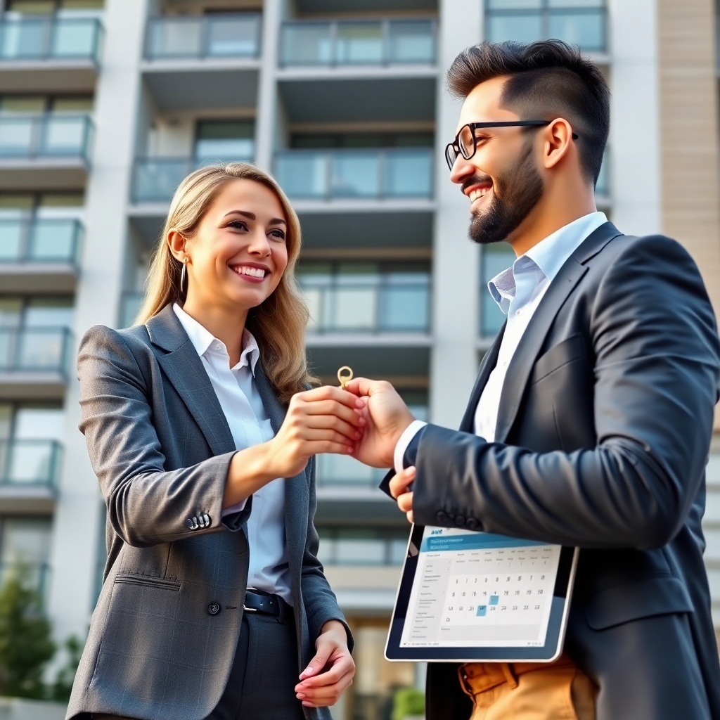 A photorealistic image depicting a professional property manager handing over keys to a happy tenant in front of a stylish modern condo building.  The scene should exude professionalism, efficiency and trust. The image should highlight the property manager's tools and organization including a tablet or laptop showing a calendar and tenant details. The background should show a clean, well-maintained condo building.