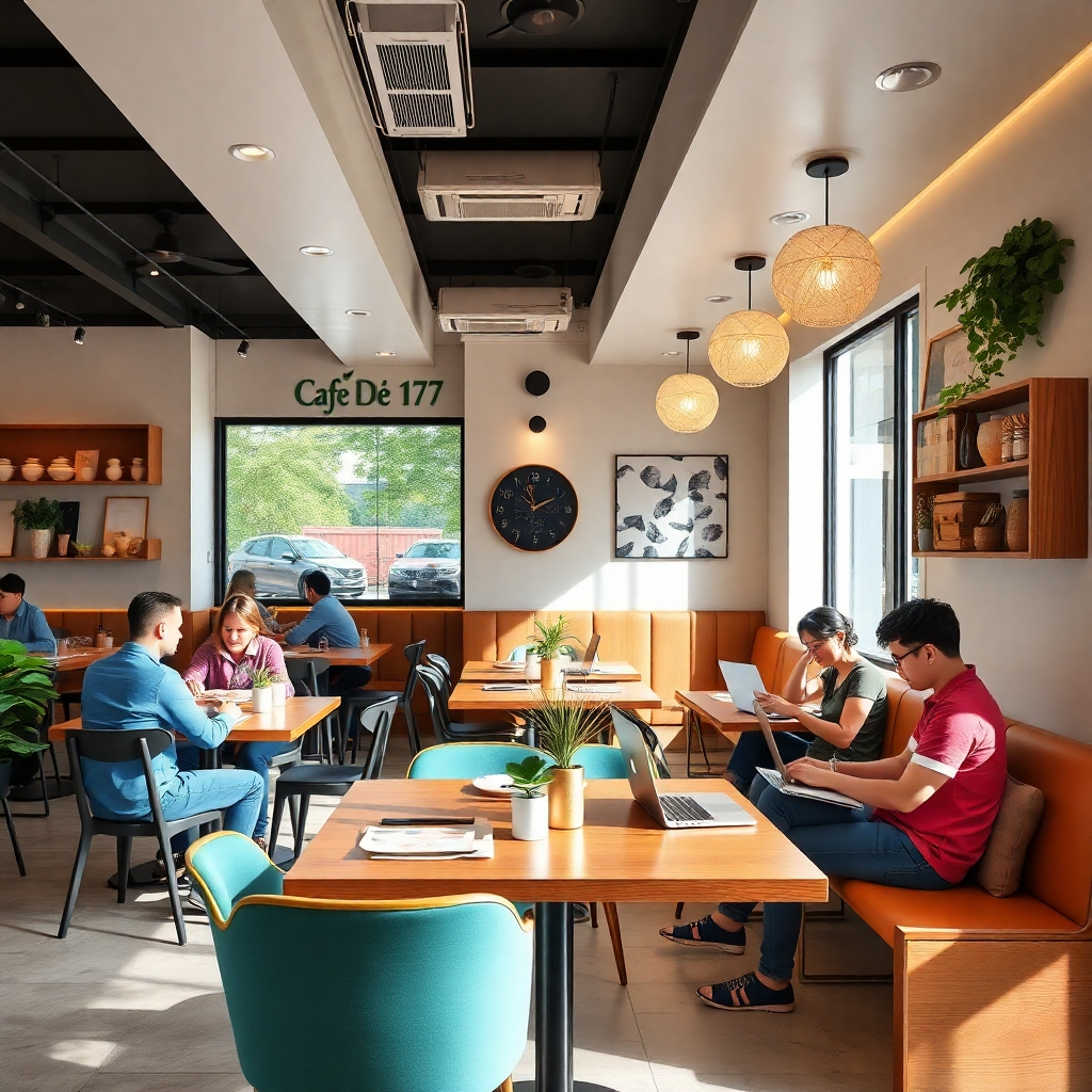 A photorealistic image depicting Cafe De 117 as a versatile space suitable for various occasions. Show scenes of friends chatting over coffee, families enjoying meals together, and individuals working on laptops in a comfortable setting.  The image should highlight the cafe's adaptability to different uses, showcasing the ambiance and overall welcoming atmosphere. The scene should be bright, airy, and visually appealing, showcasing the cafe's design and comfortable furniture.