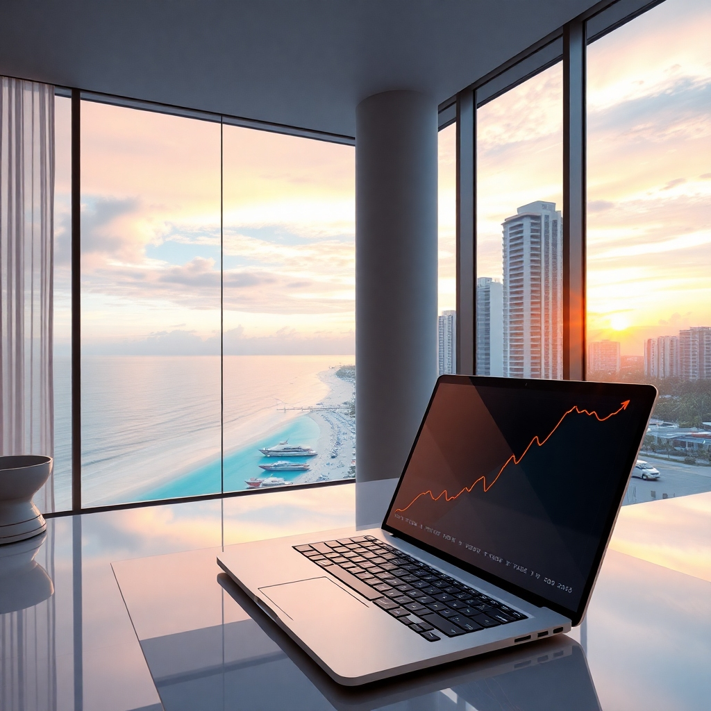 A photorealistic image depicting a modern, luxurious condo overlooking a vibrant Pattaya beach at sunset.  The condo should have floor-to-ceiling windows, showcasing stunning ocean views, and a clean, minimalist interior.  In the foreground, a laptop displays a graph showing strong upward growth. The overall mood is one of success and financial prosperity.