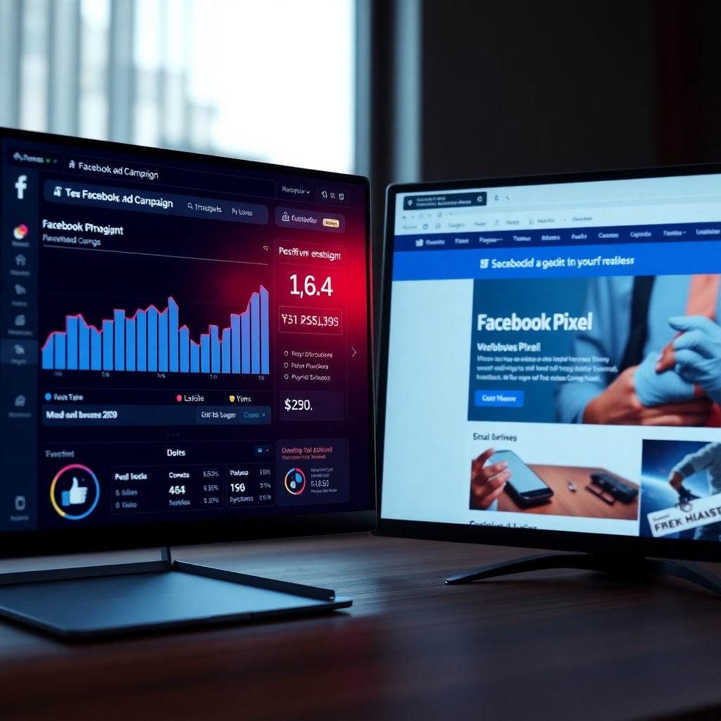 A photorealistic image depicting a split screen; one side shows a dashboard with positive Facebook ad campaign performance metrics, the other showcases a website with the Facebook Pixel successfully implemented. Visually connecting the positive results to the pixel integration. The overall mood should be one of success and efficiency.