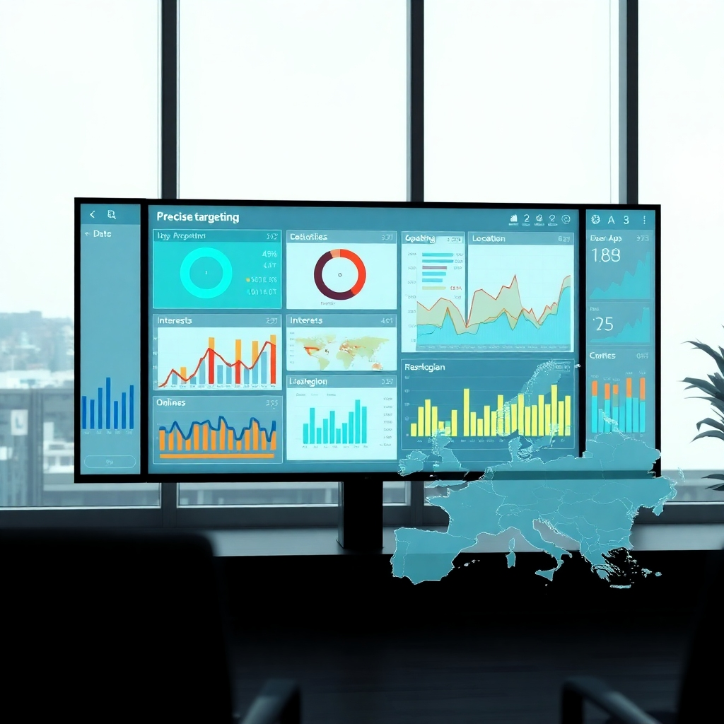A photorealistic image depicting a sophisticated data dashboard displaying precise targeting demographics on a large screen. The dashboard should show key data points such as age, location, interests, and online behavior, all visually represented through charts and graphs. The image should also subtly showcase a map of a specific region, highlighting the targeted area.