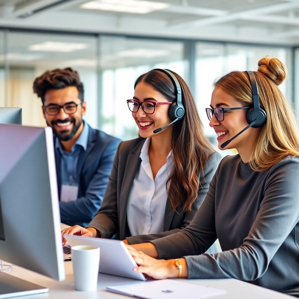 A photorealistic image depicting a friendly, diverse customer support team working collaboratively in a bright, modern office.  One agent is smiling and using a computer to assist a customer via chat; another is on a phone call, showing active problem-solving.  The overall mood should be reassuring and helpful.