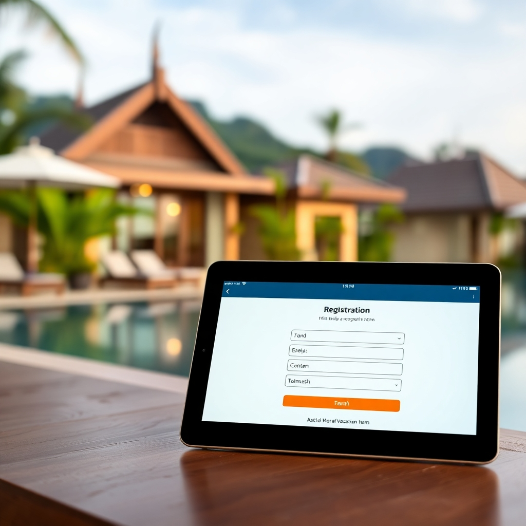 A photorealistic image depicting a simplified online registration form on a tablet, with a blurred background of a luxurious Thai vacation home. The color scheme should be calming, with a focus on ease of use and user-friendliness.  Focus on clarity and simplicity