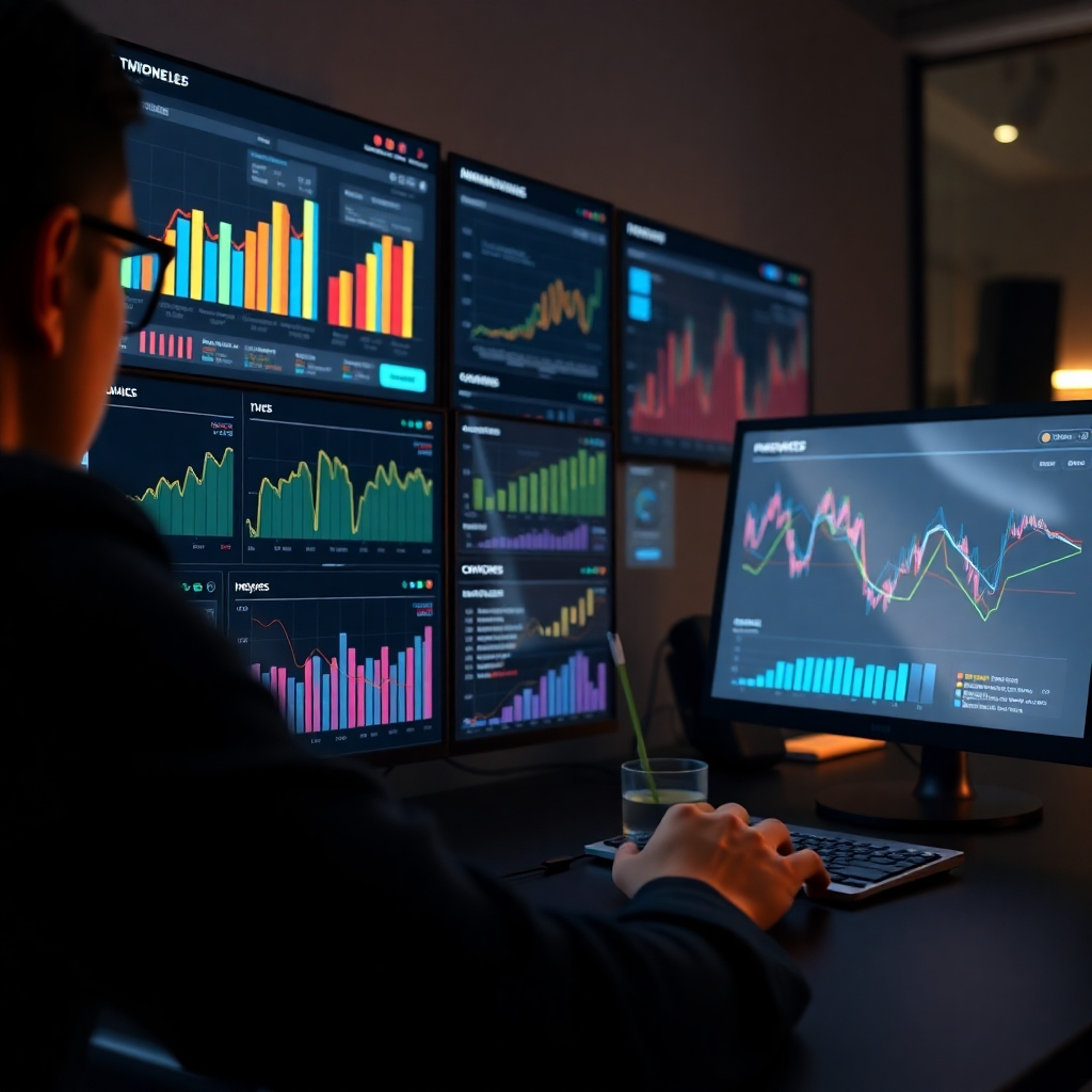A photorealistic image depicting a person using analytics dashboards and data visualization tools to monitor social media metrics and e-commerce sales. The scene should also feature a brainstorming session, showing the collaborative process of analyzing data and refining content strategies.