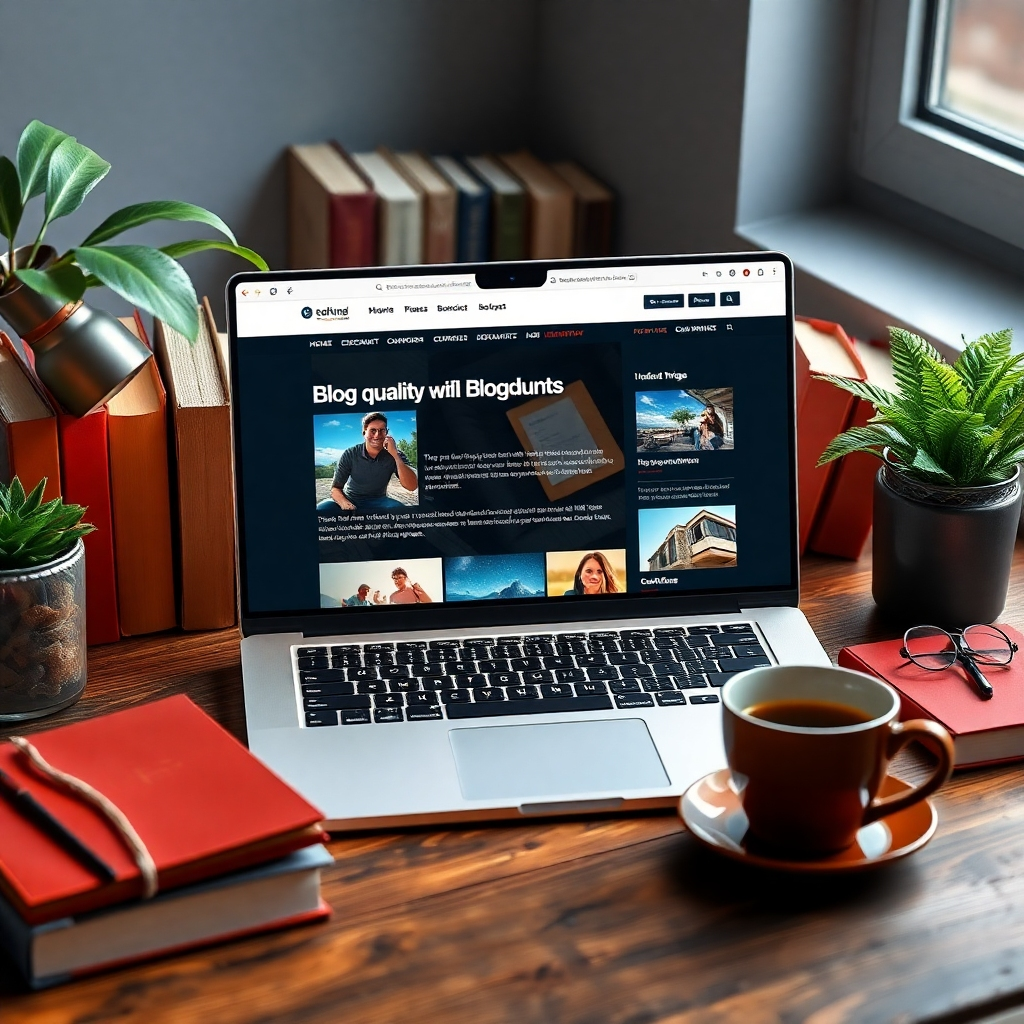 A photorealistic image depicting a laptop screen showcasing a high-quality blog post about a specific product within a chosen niche, surrounded by relevant props like books, plants, and coffee.  The image should emphasize the visual appeal and professionalism of the content, with a focus on details like clean typography and high-resolution images. High-quality, detailed image.
