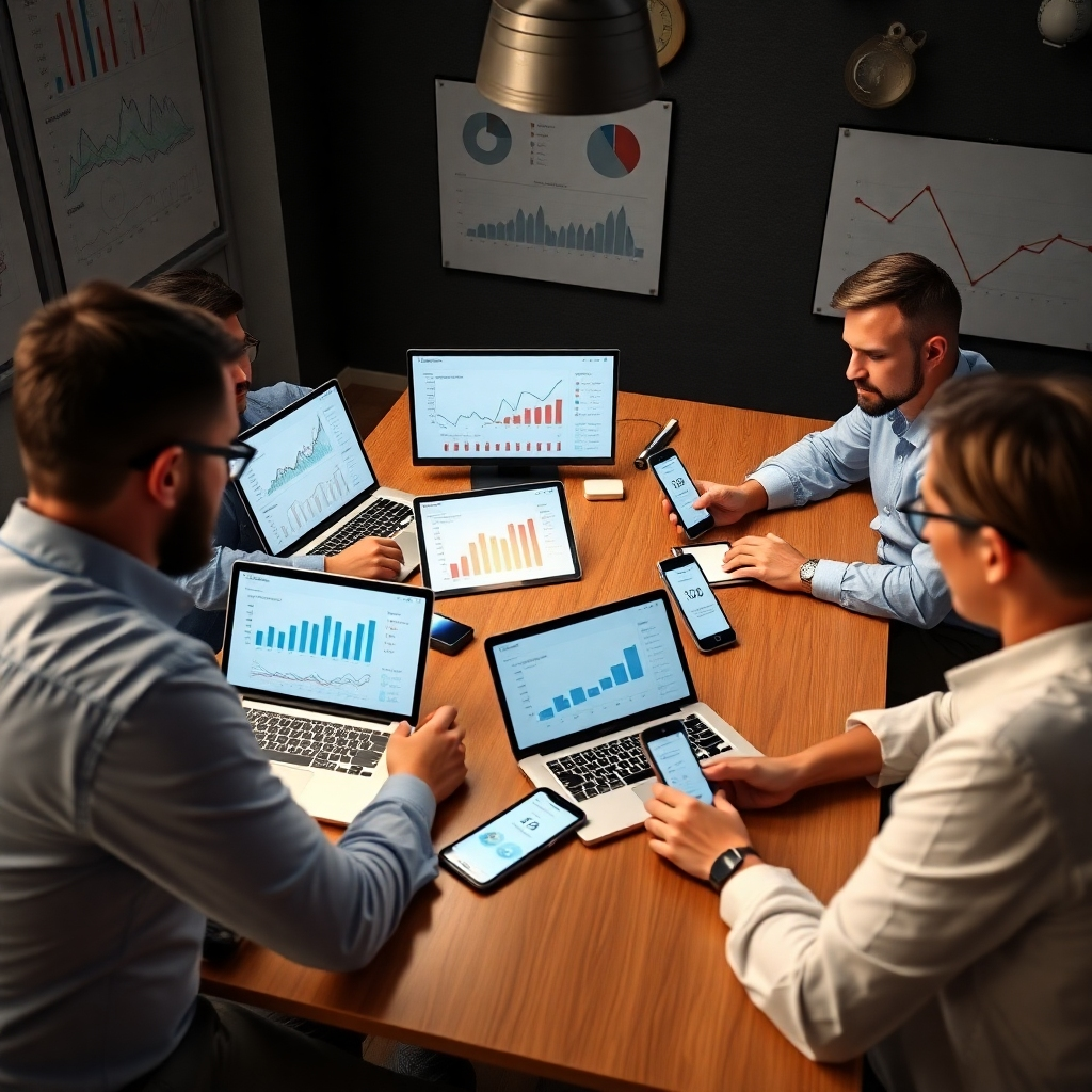  A photorealistic image depicting a team of SME business owners and marketers collaborating around a table. On the table are laptops, tablets, and smartphones displaying sales charts, marketing analytics dashboards, and social media engagement statistics. The overall scene should express a sense of teamwork, data-driven decision-making, and successful sales growth.